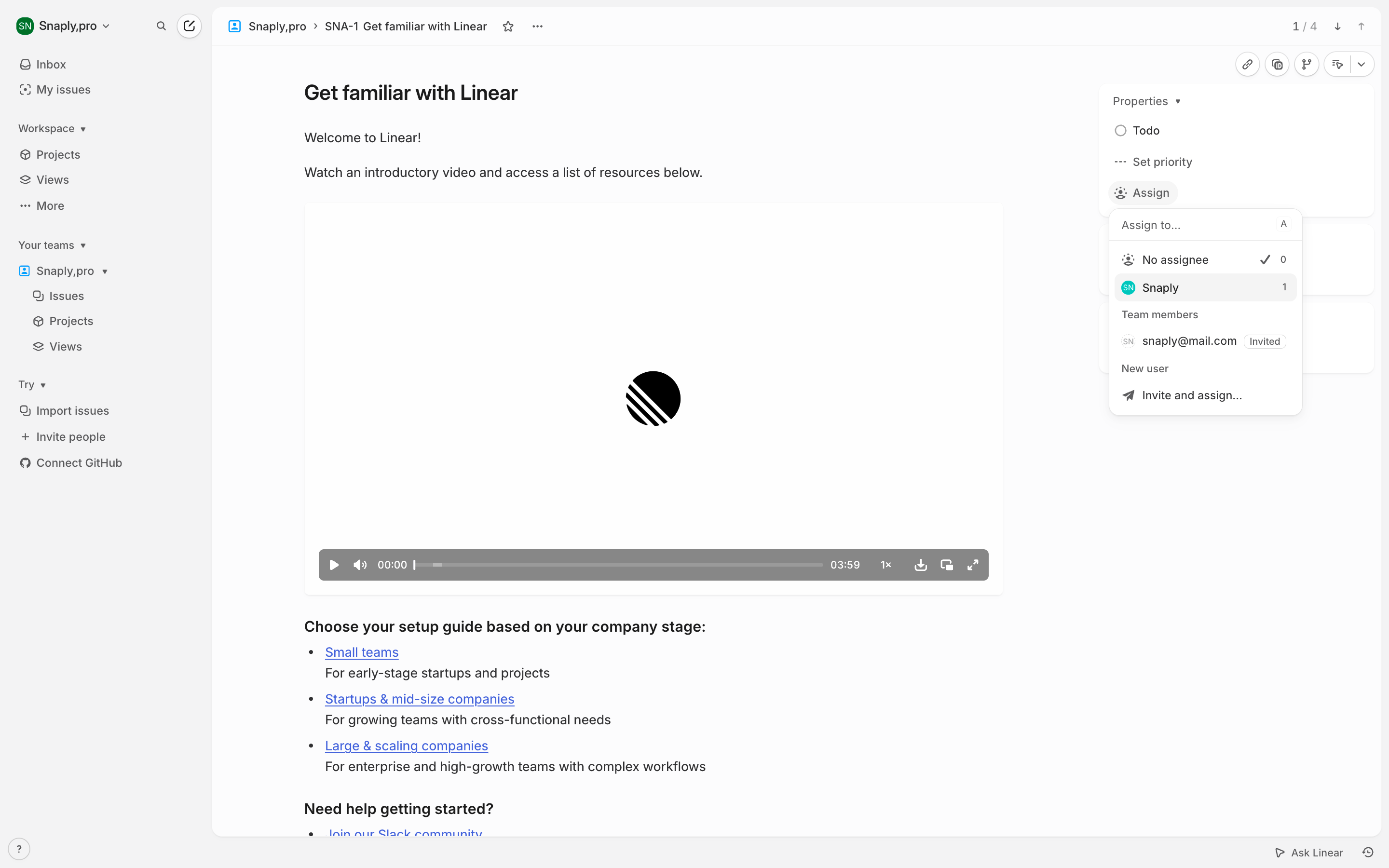 Linear — getting-started-label-menu screenshot