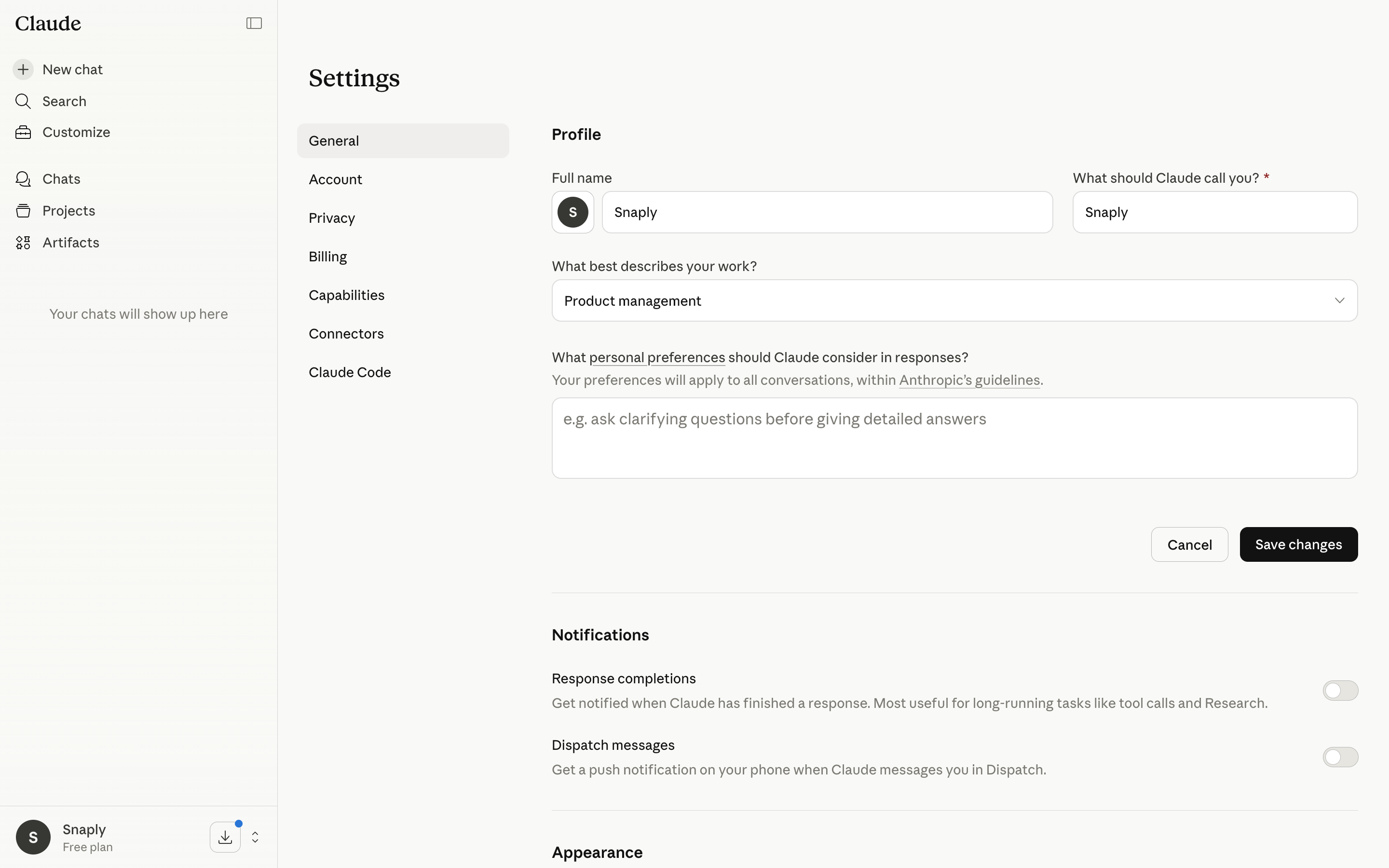 Claude — settings-save-changes screenshot
