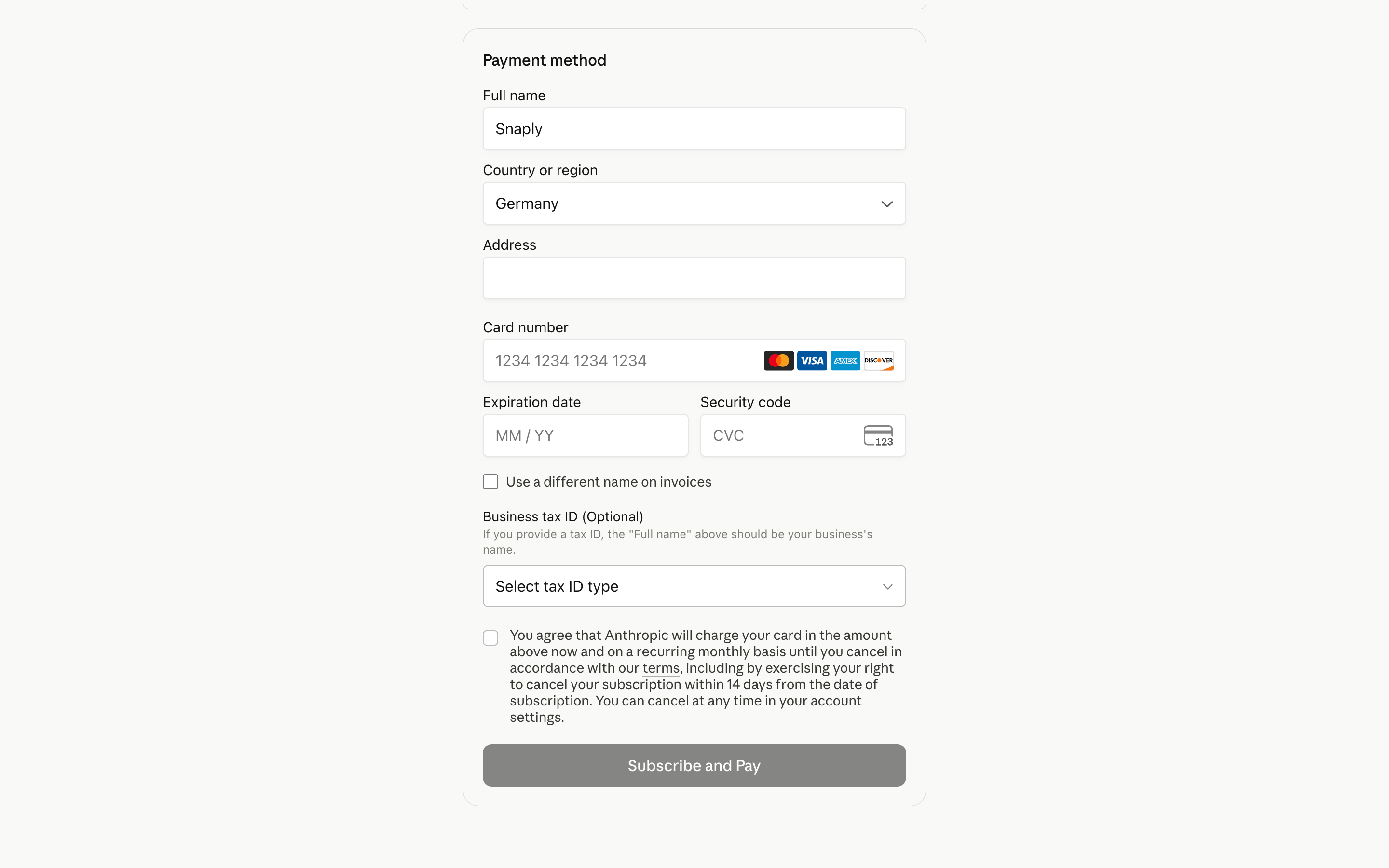 Claude — billing-form screenshot