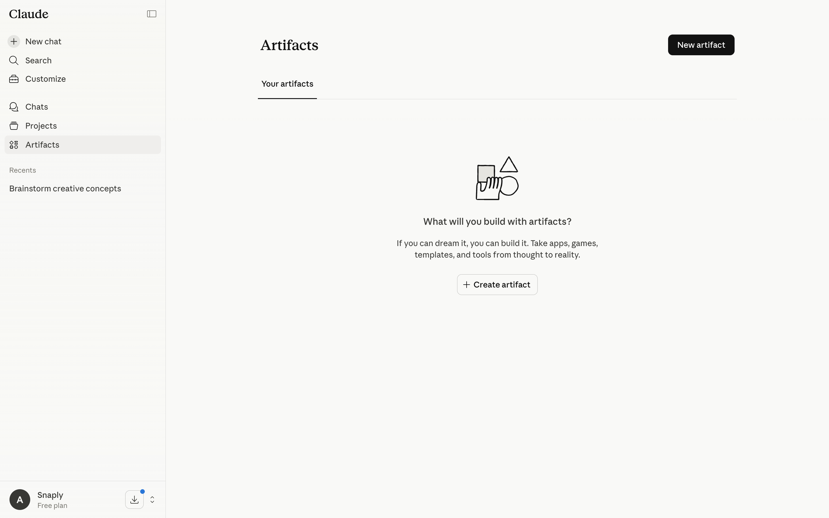 Claude — artifacts-empty screenshot
