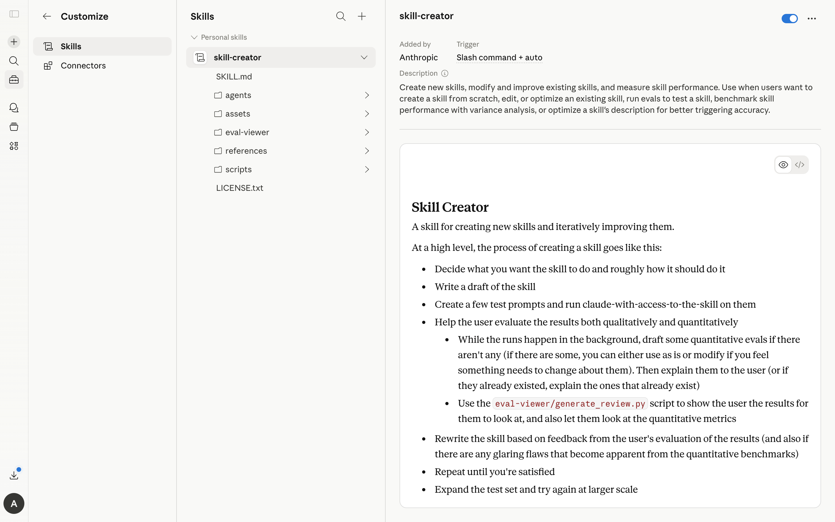 Claude — skill-creator-settings screenshot