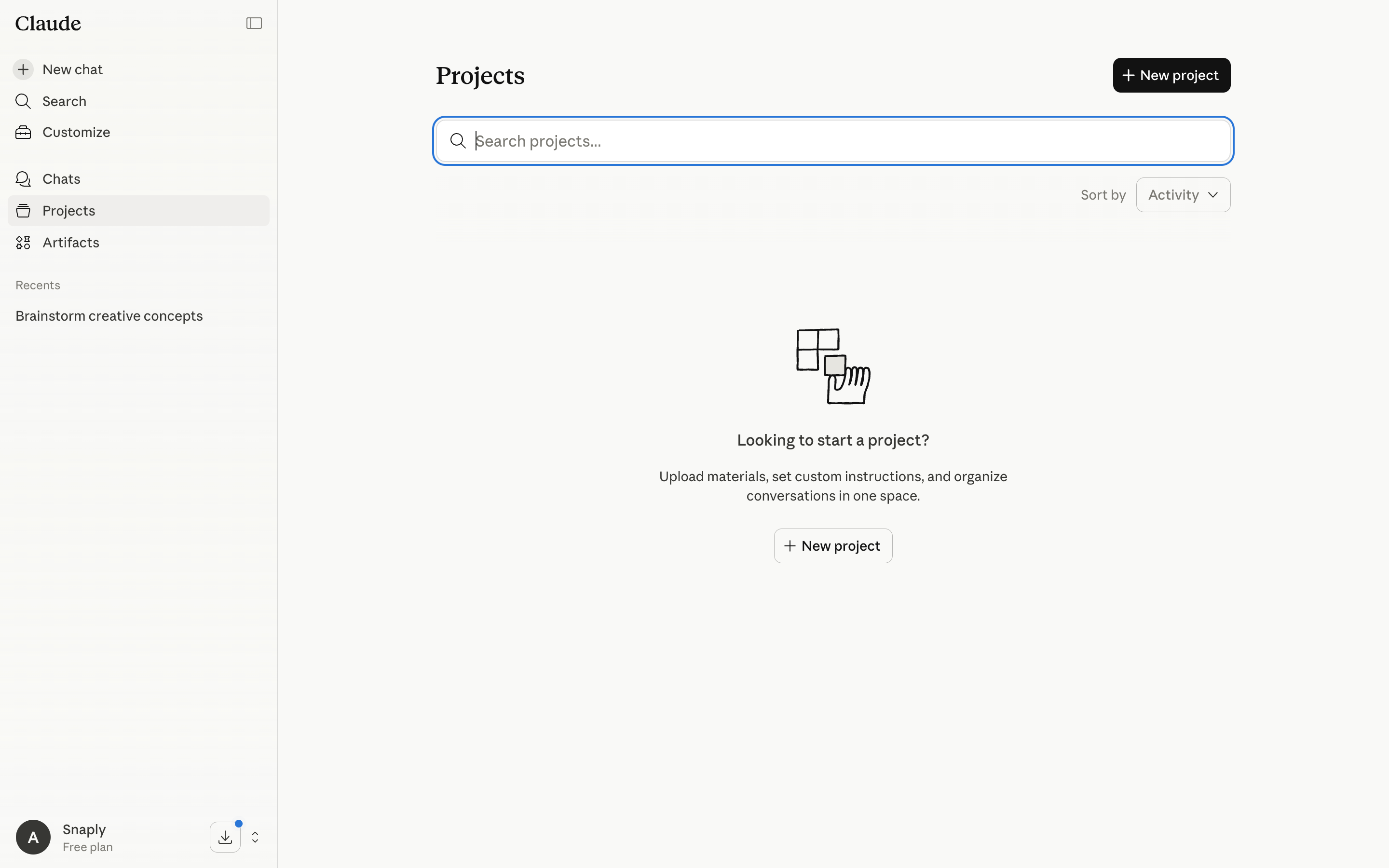 Claude — projects-empty screenshot