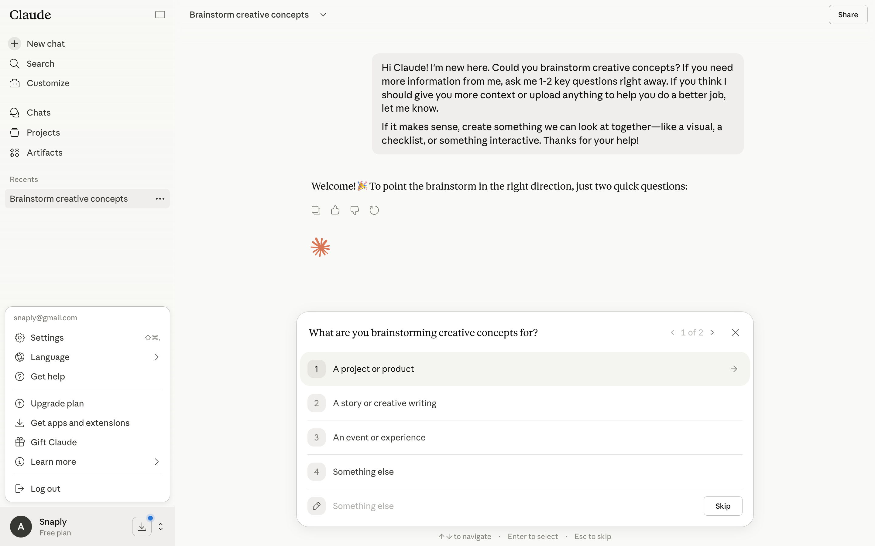 Claude — chat-account-menu screenshot