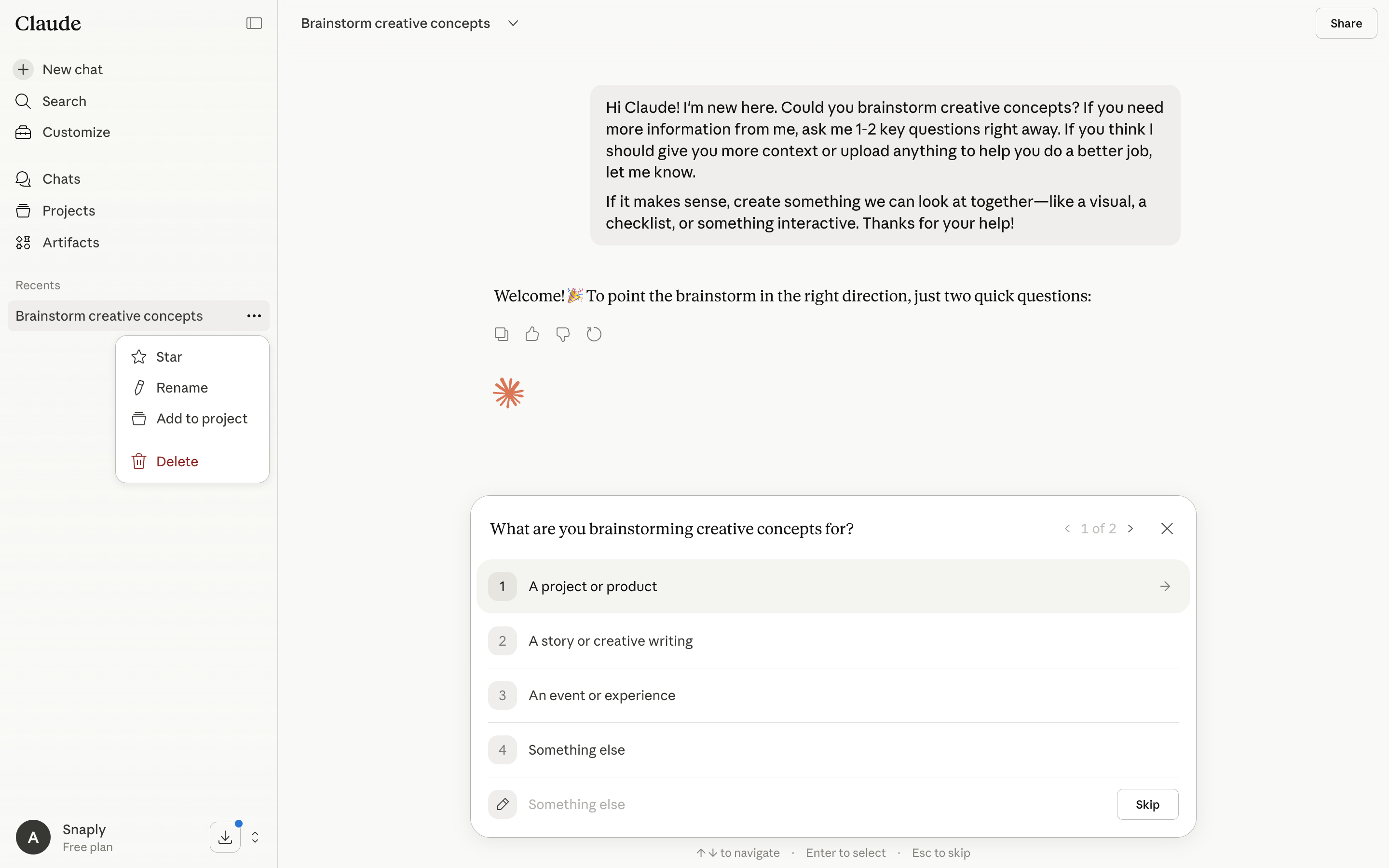 Claude — chat-options-menu screenshot