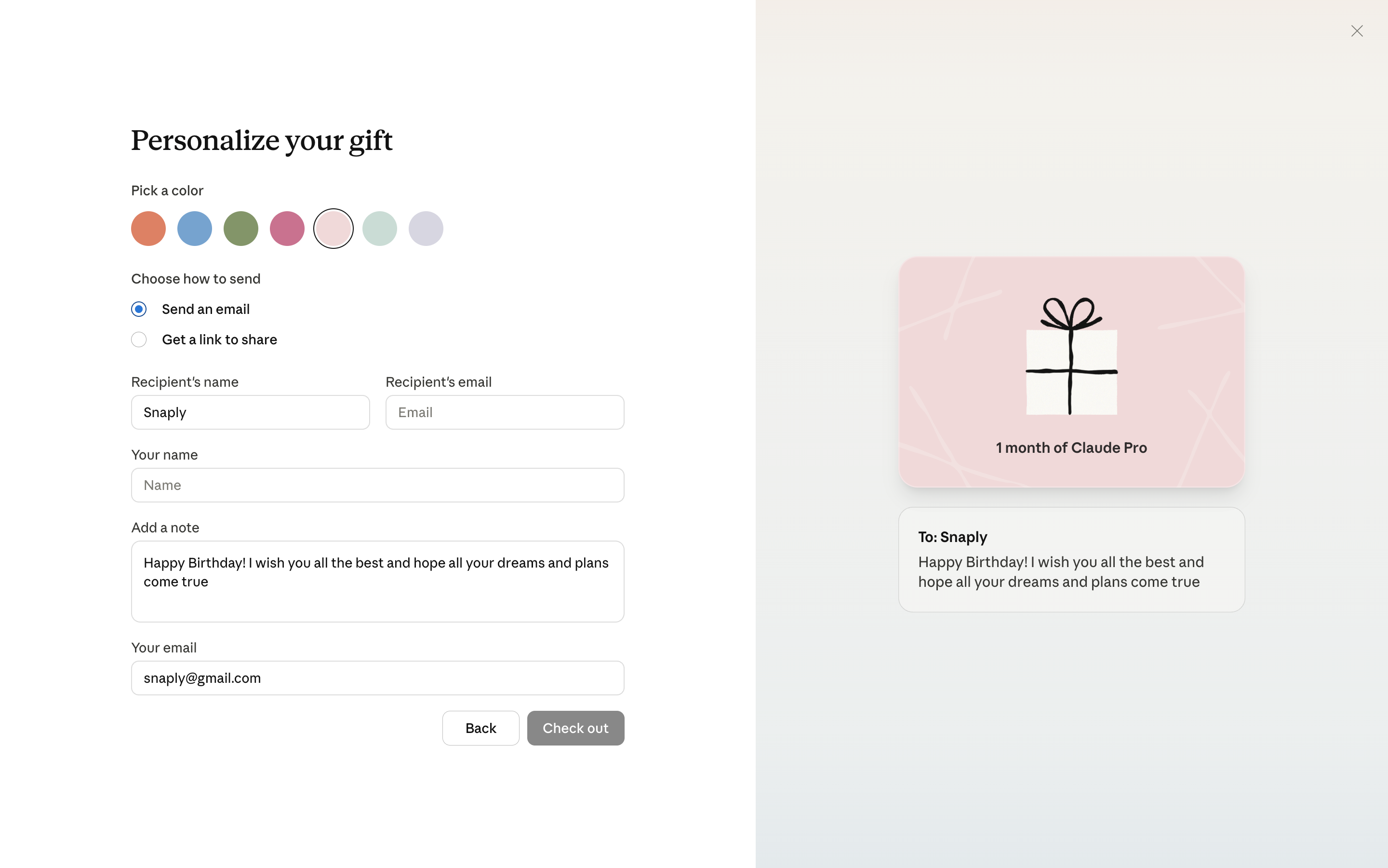 Claude — gift-message screenshot