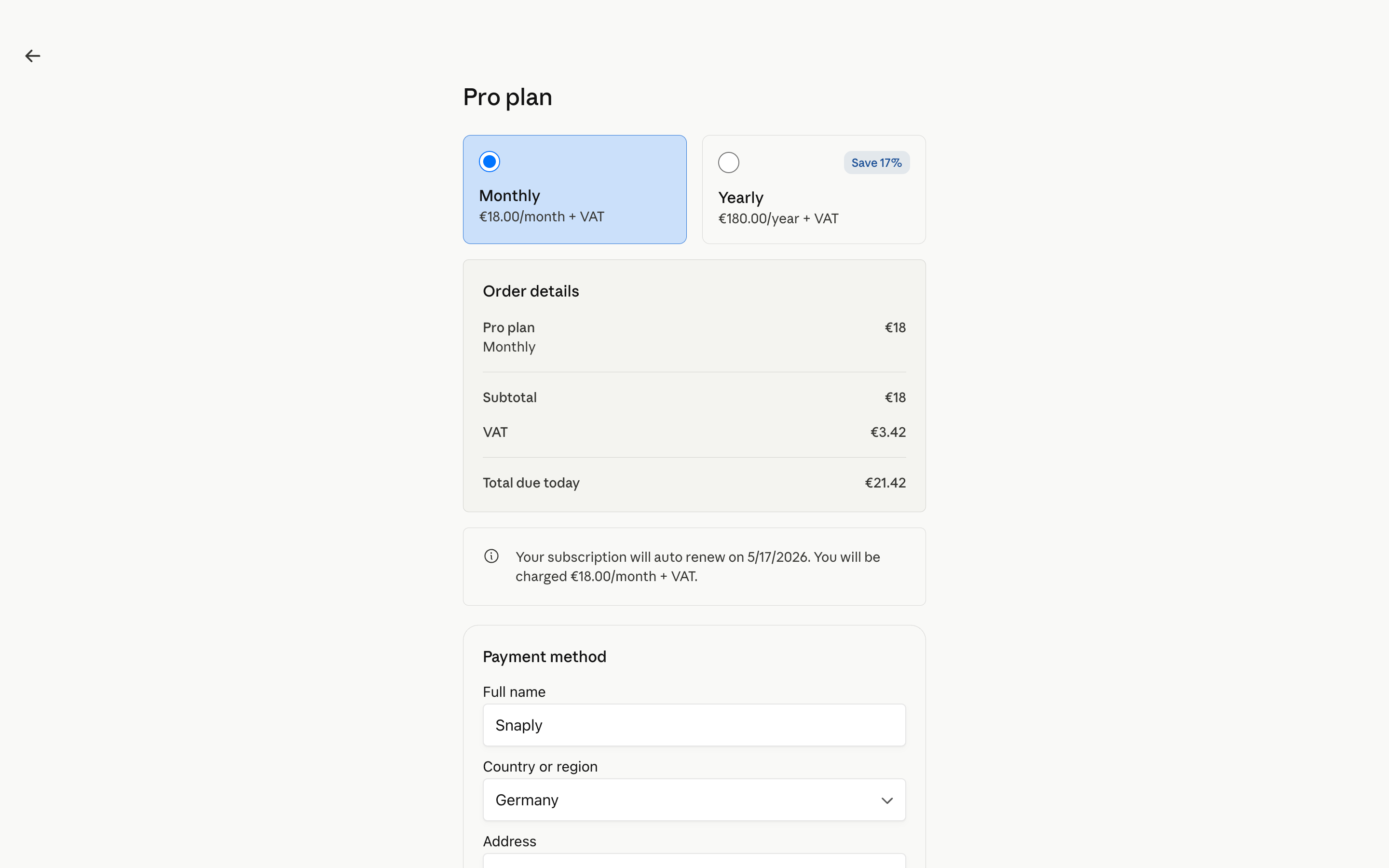 Claude — pro-plan-checkout screenshot