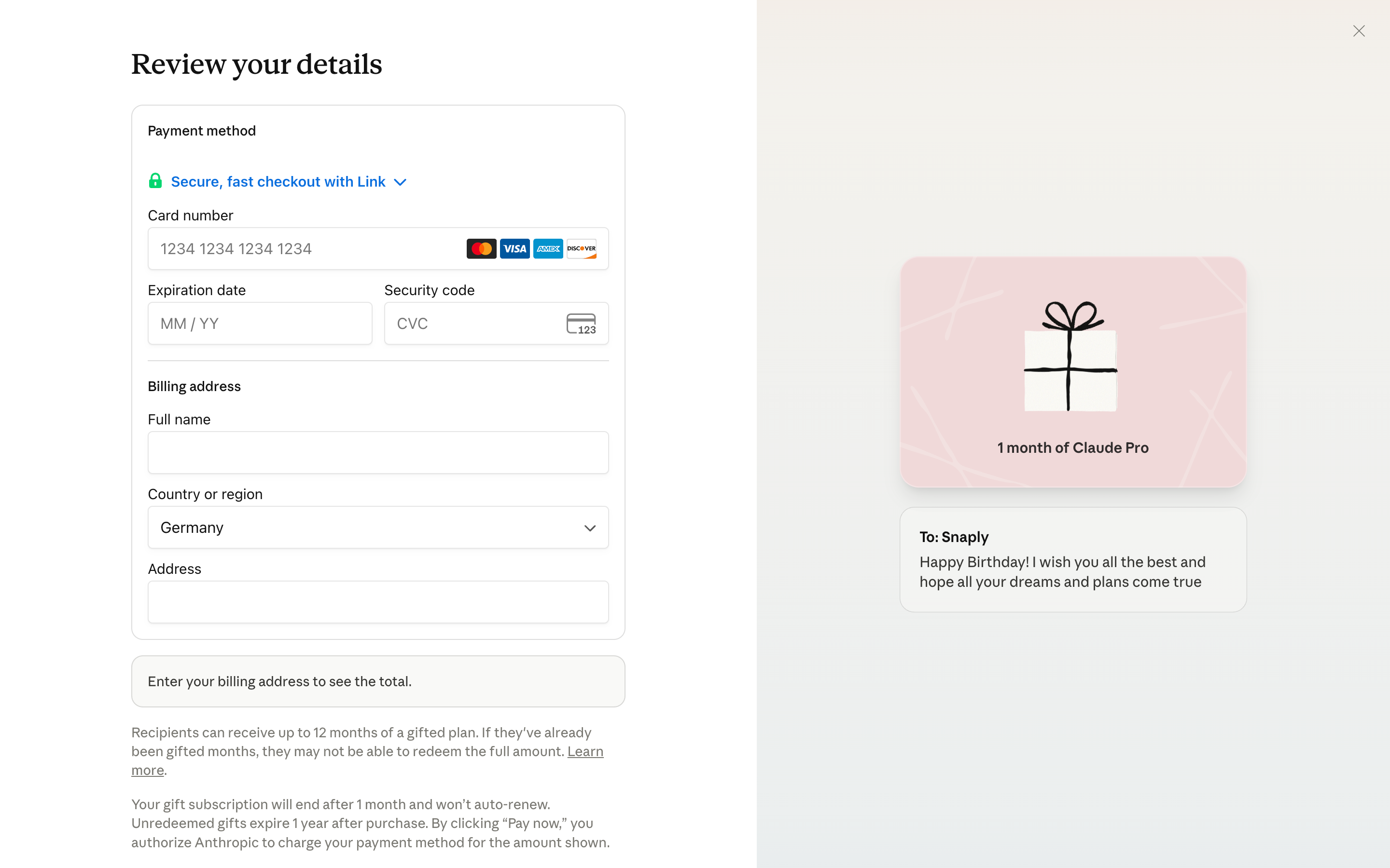 Claude — gift-payment-details screenshot