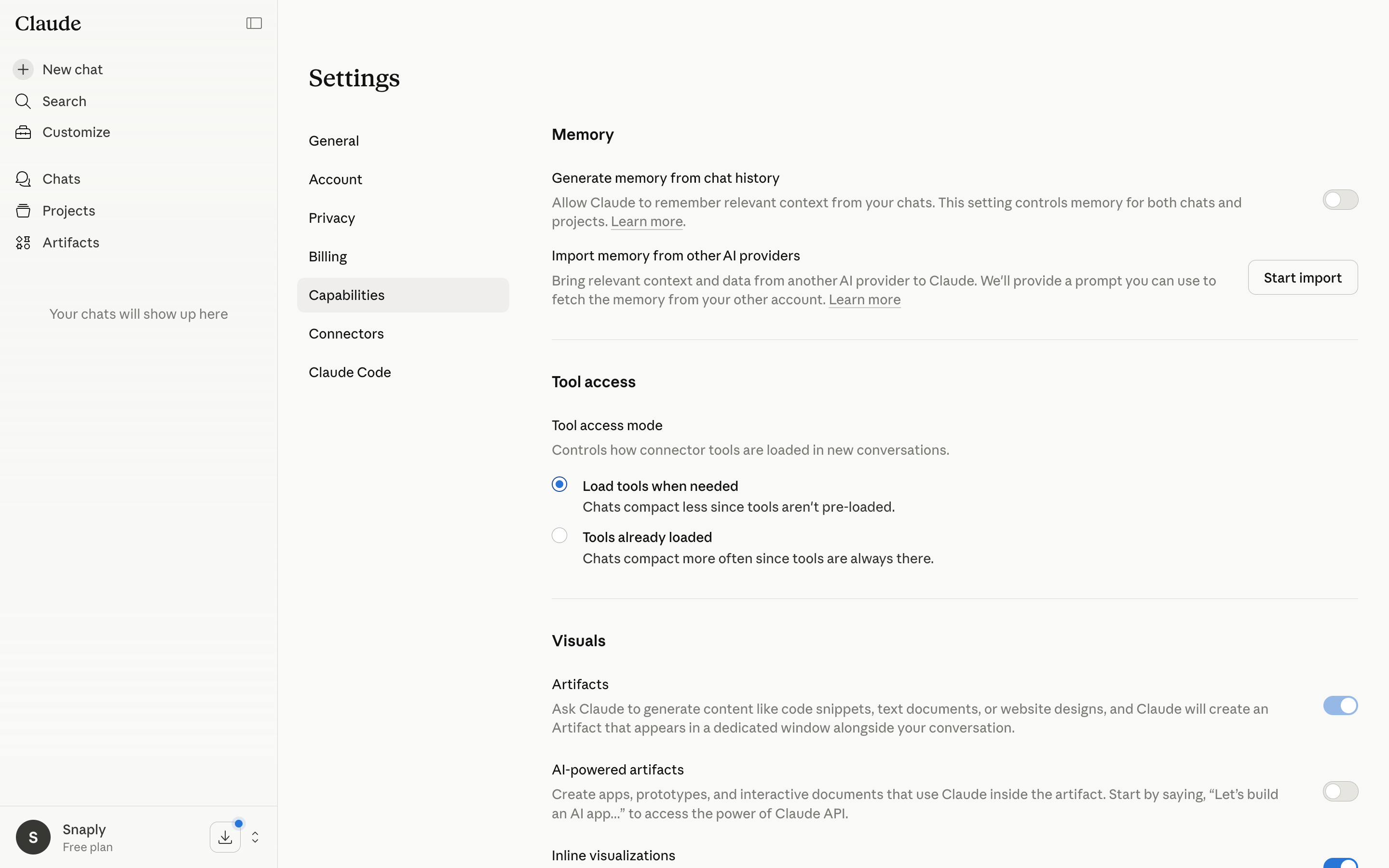 Claude — settings-capabilities screenshot