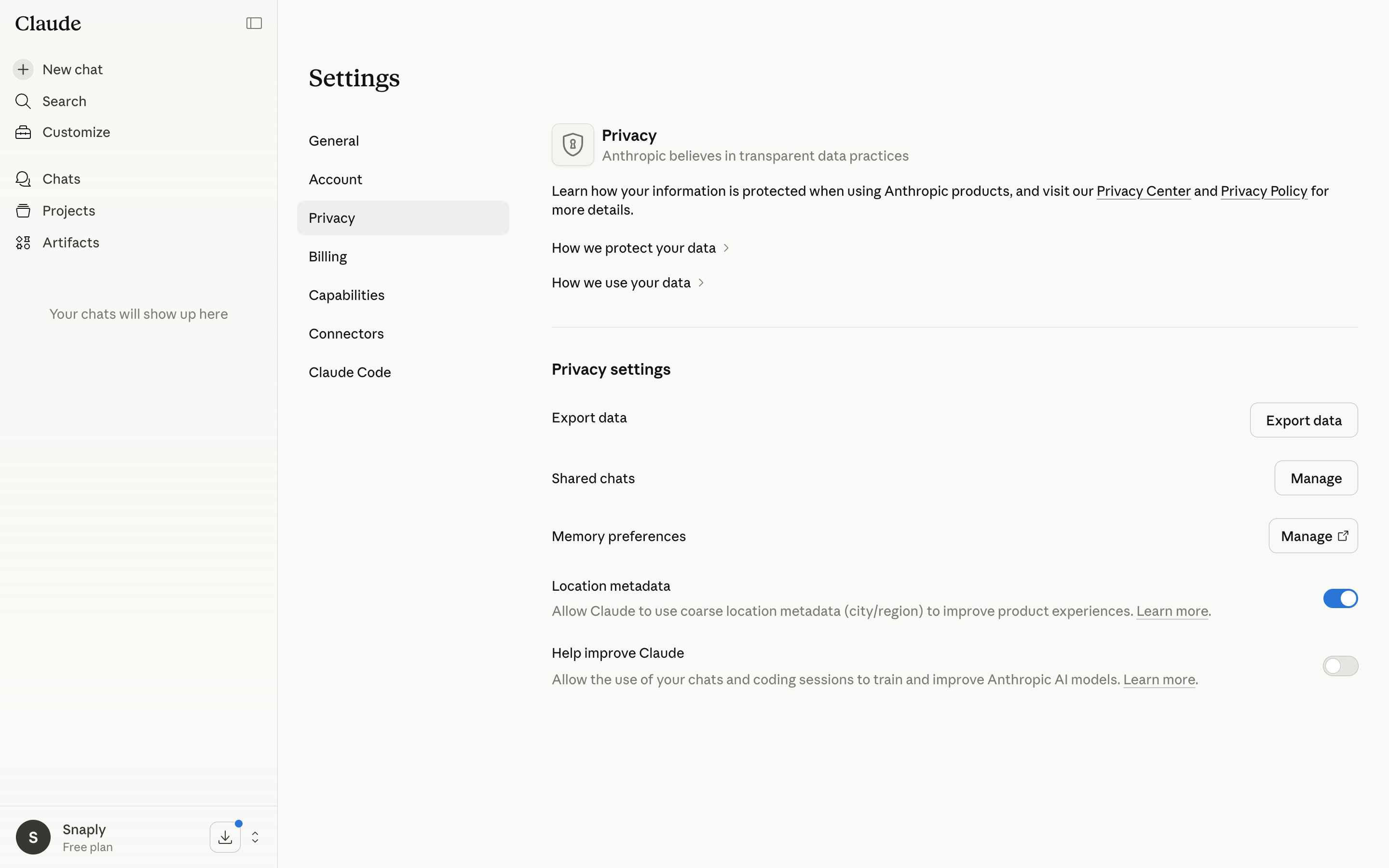 Claude — privacy-settings screenshot