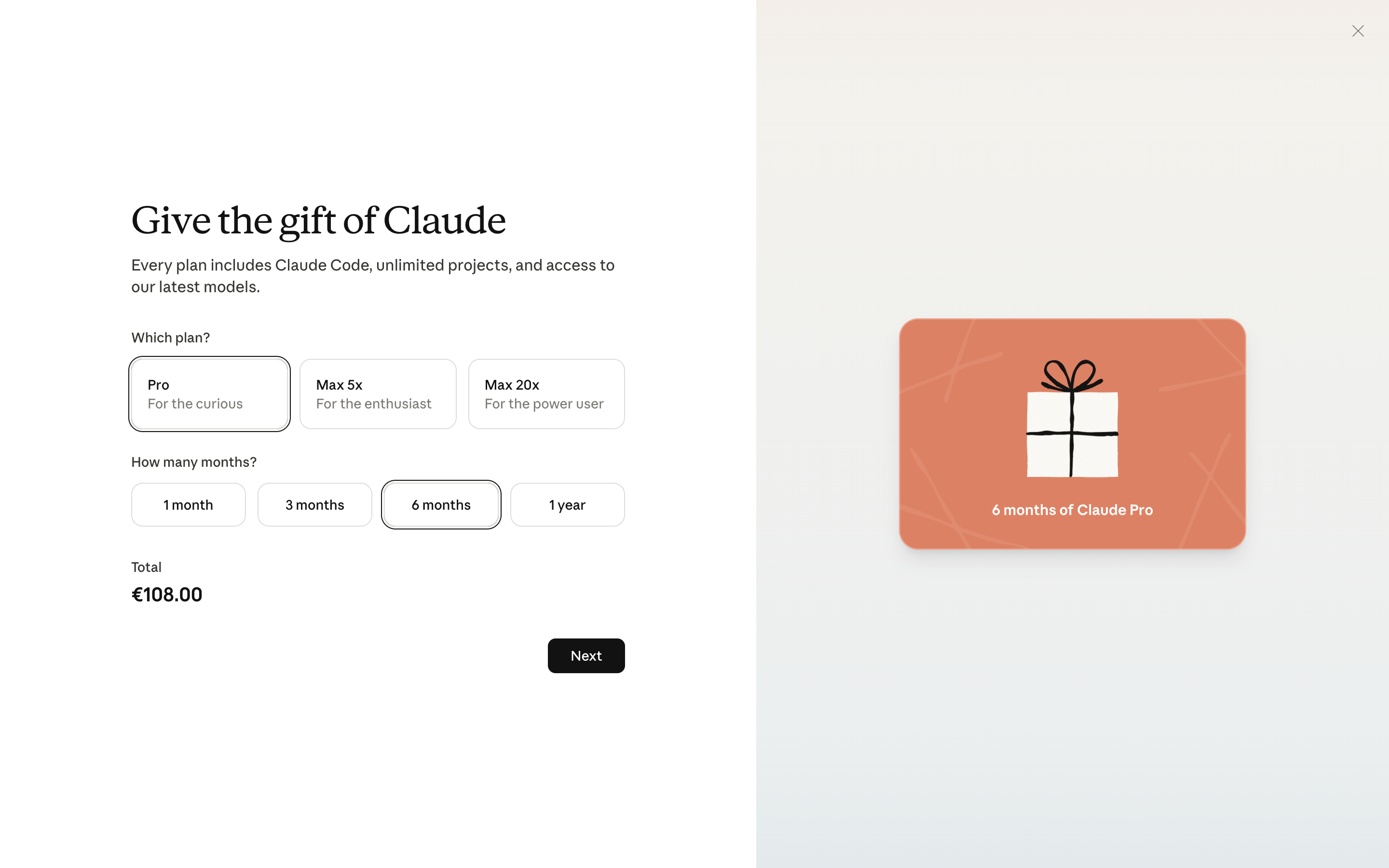 Claude — gift-plan-selection screenshot