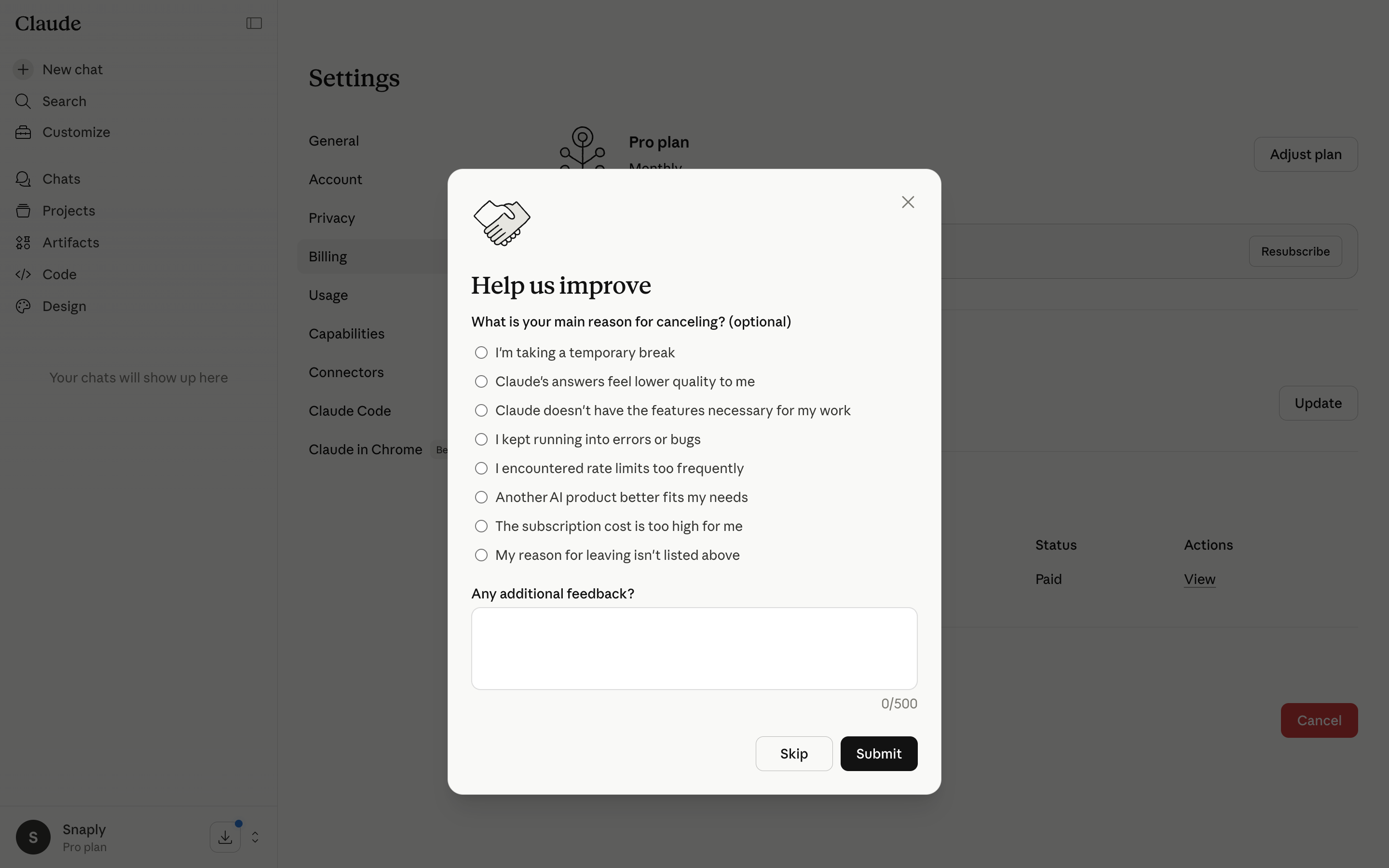 Claude — cancel-feedback-dialog screenshot