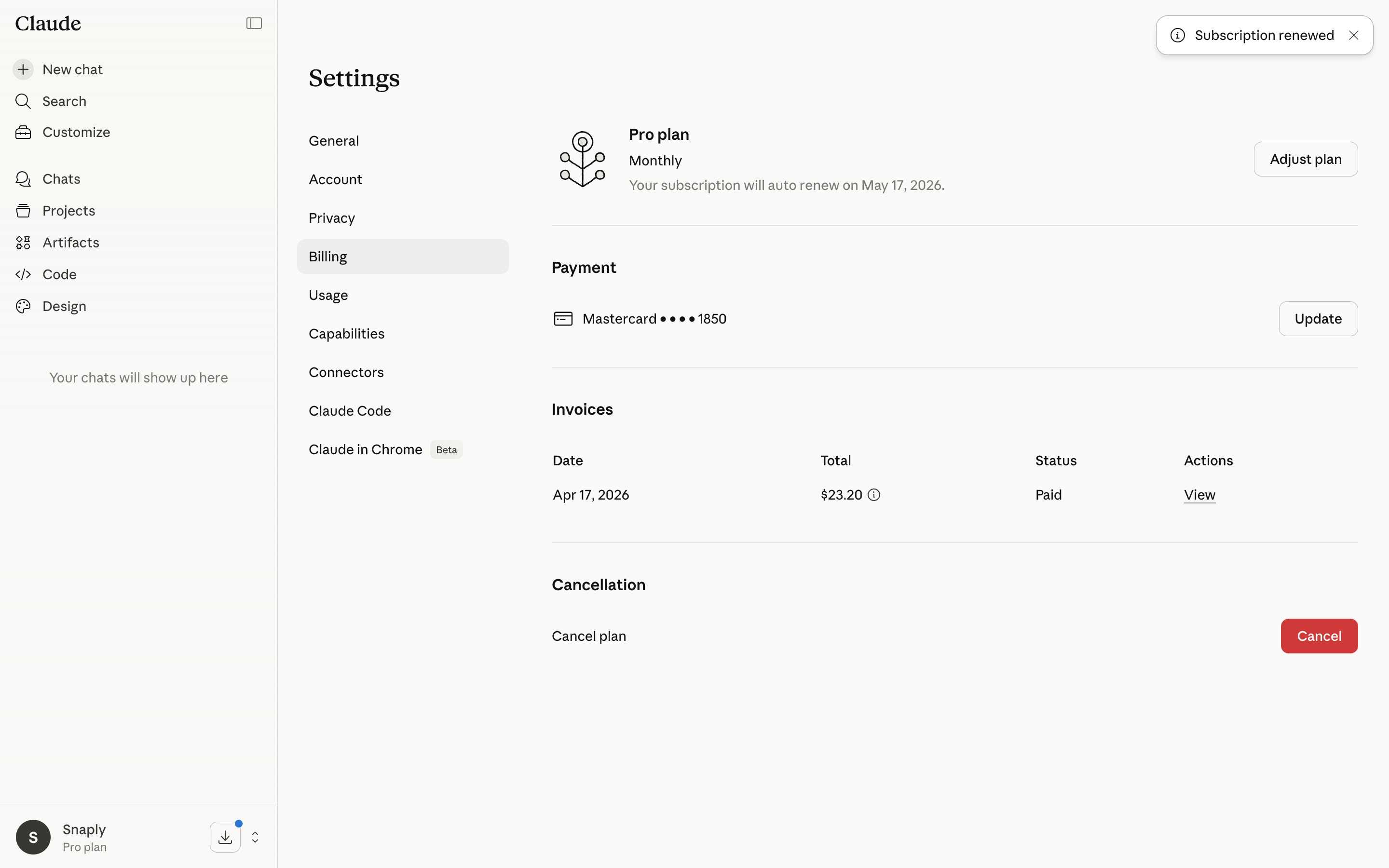 Claude — subscription-renewed-toast screenshot