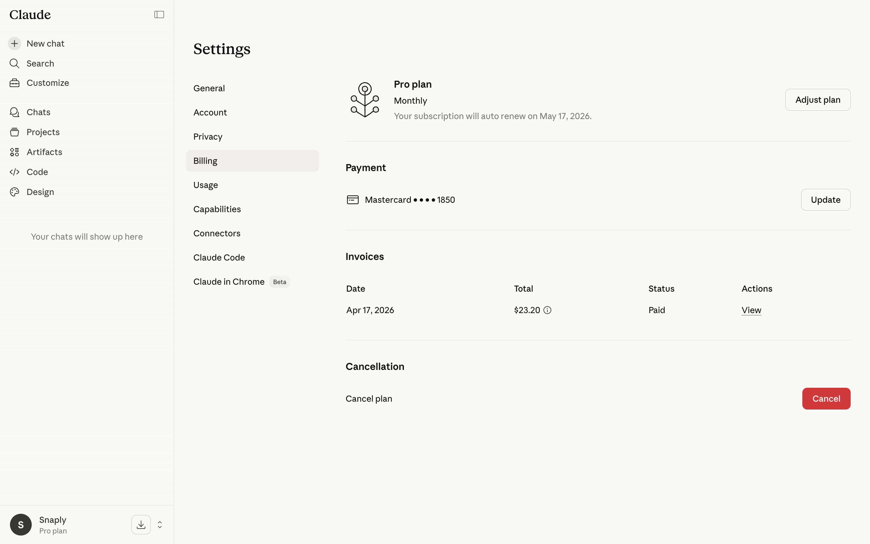 Claude — pro-plan-settings screenshot