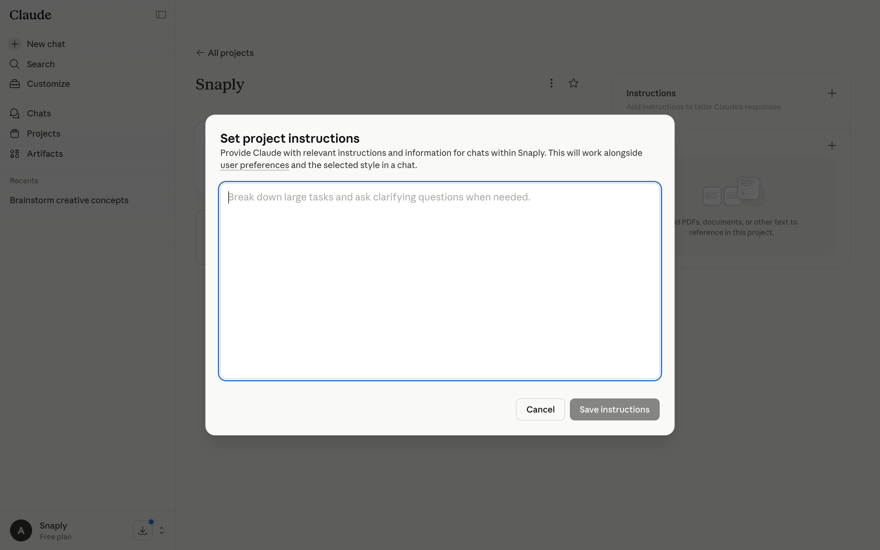 Claude — project-instructions screenshot