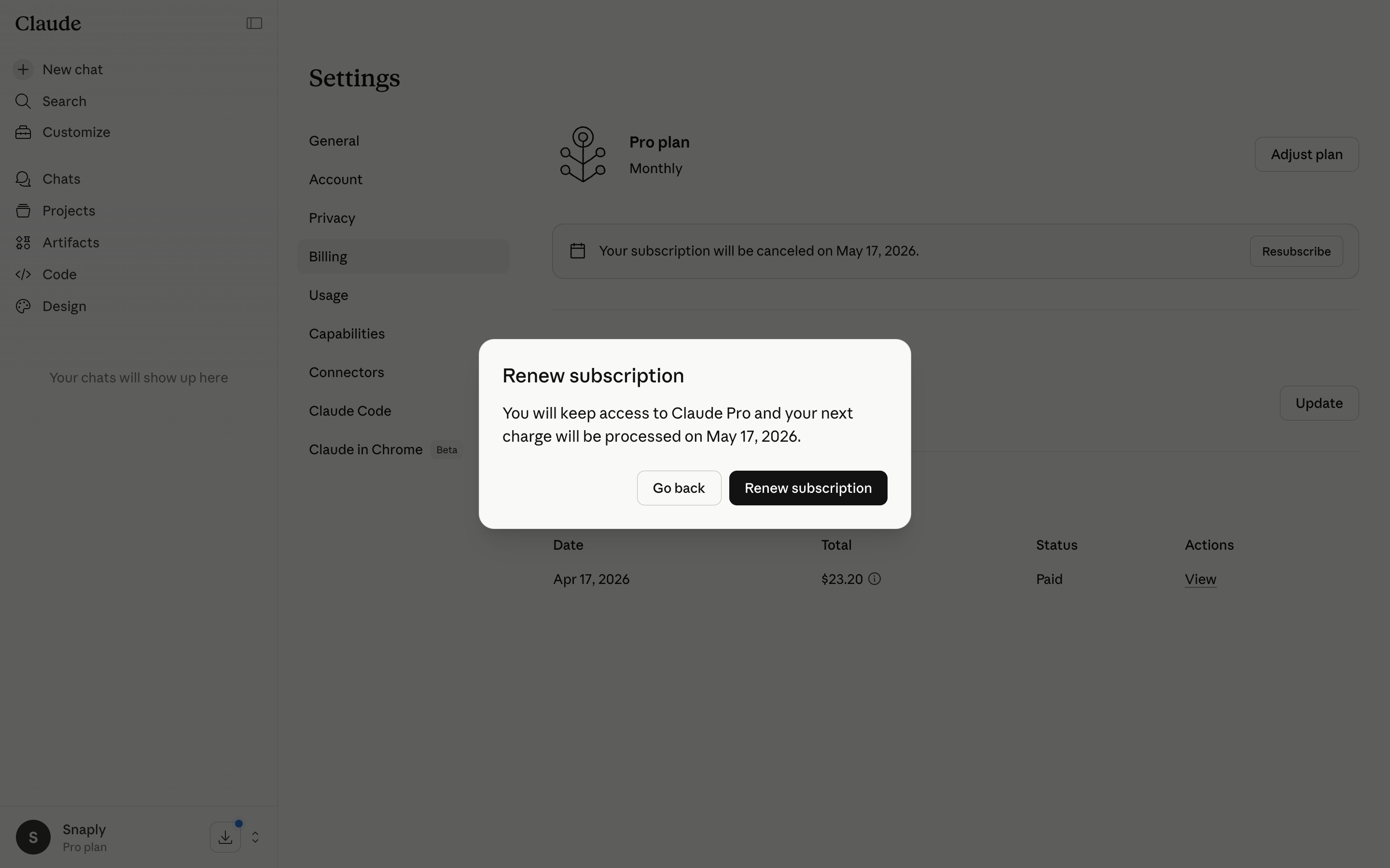 Claude — renew-subscription-dialog screenshot