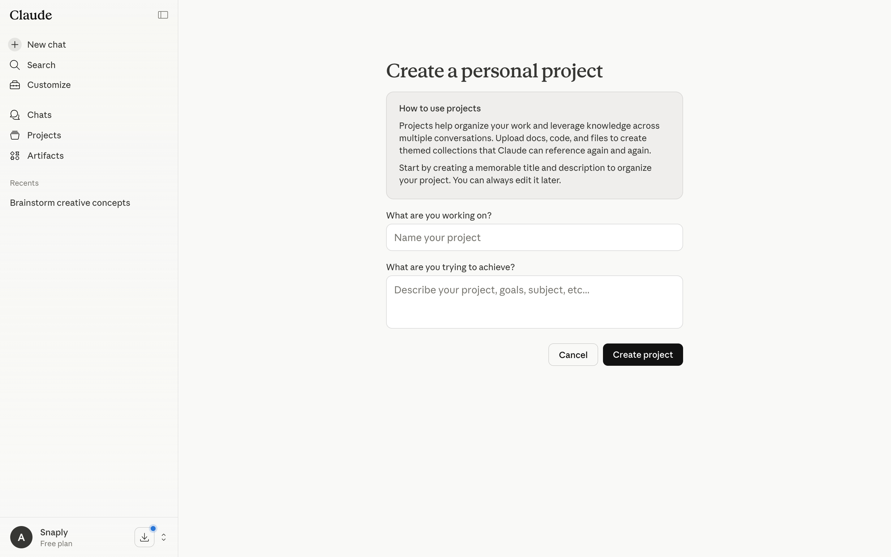 Claude — create-project screenshot