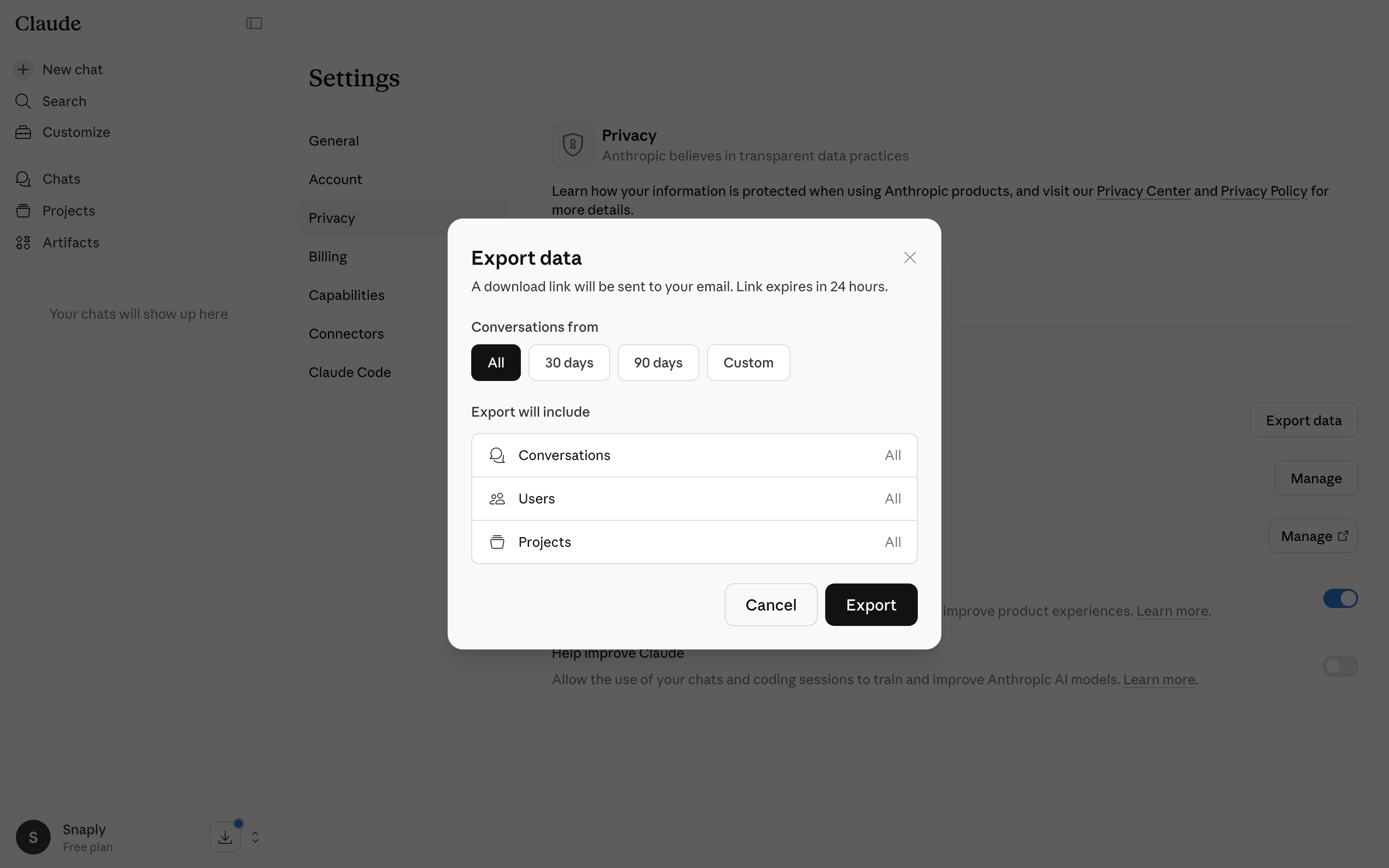 Claude — export-data-dialog screenshot