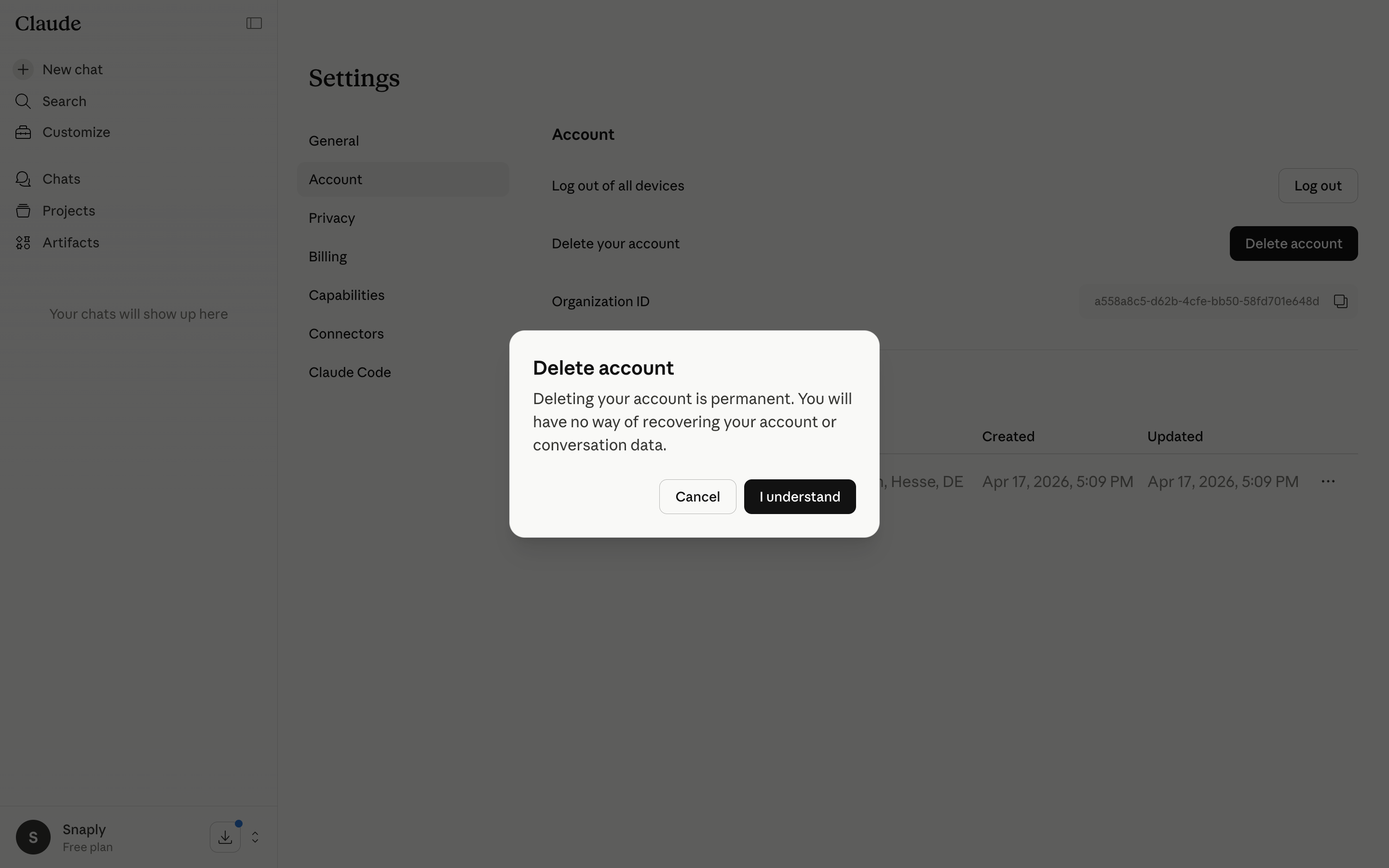 Claude — delete-account-dialog screenshot