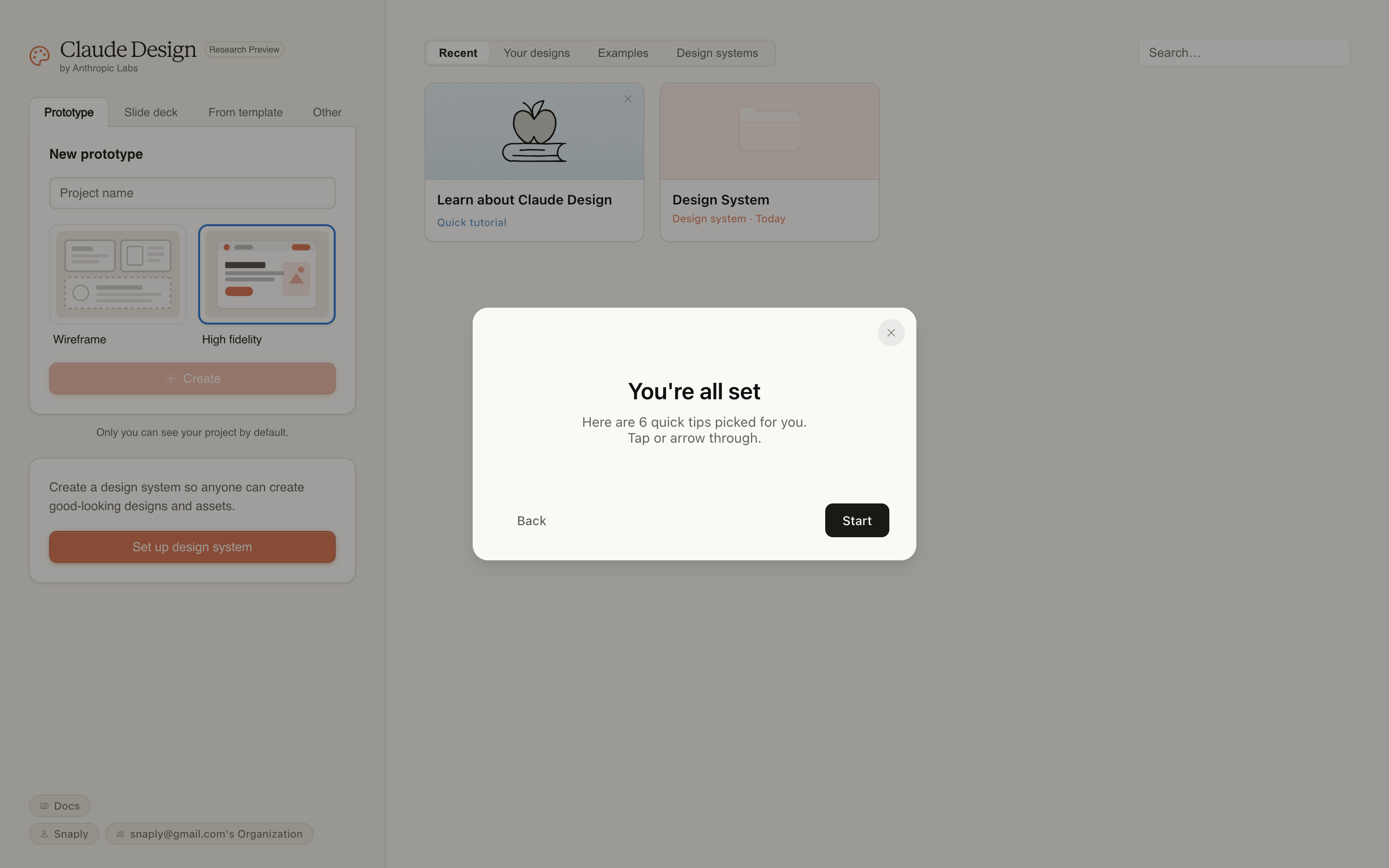 Claude Design — success-modal screenshot