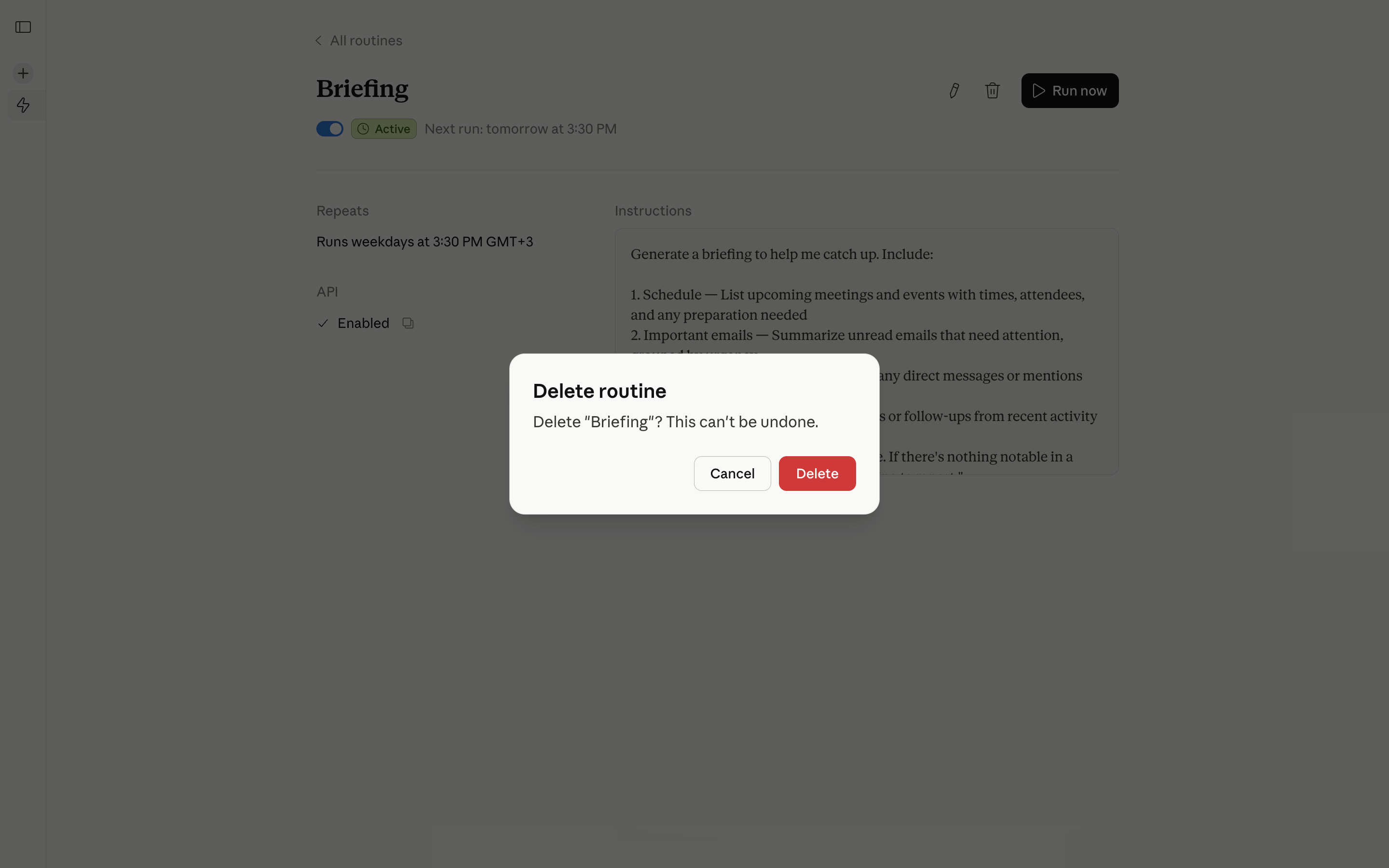 Claude Code — delete-routine-modal screenshot