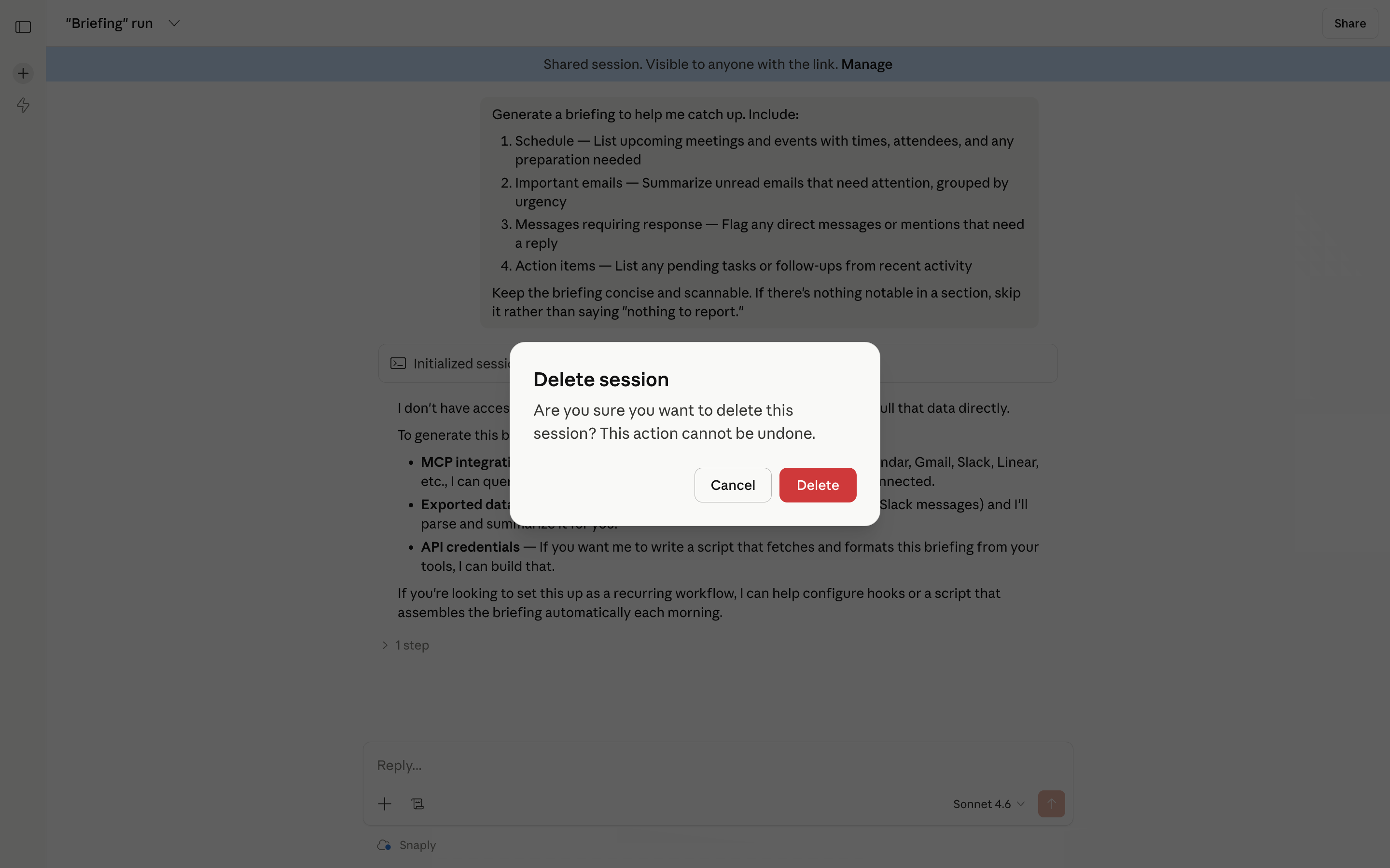 Claude Code — delete-session-modal screenshot