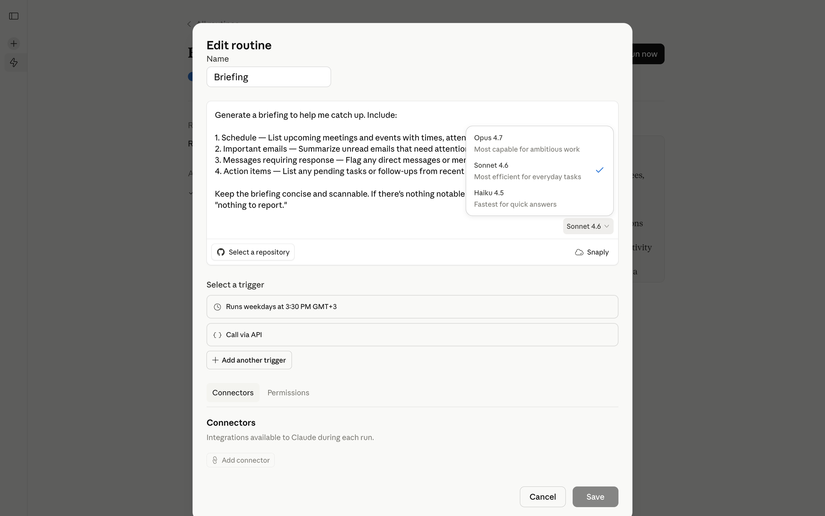 Claude Code — edit-routine-model-menu screenshot