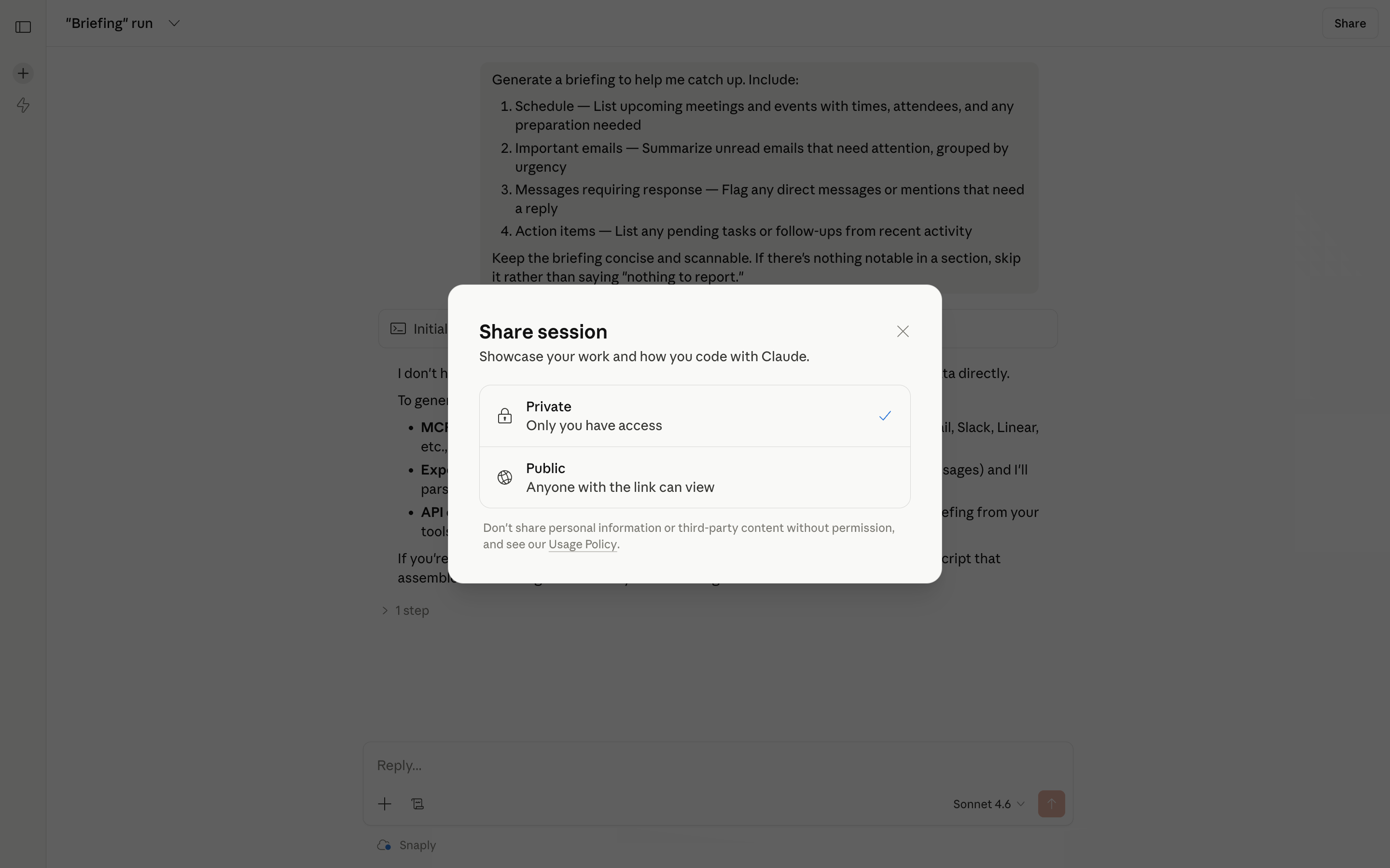 Claude Code — share-session-privacy screenshot