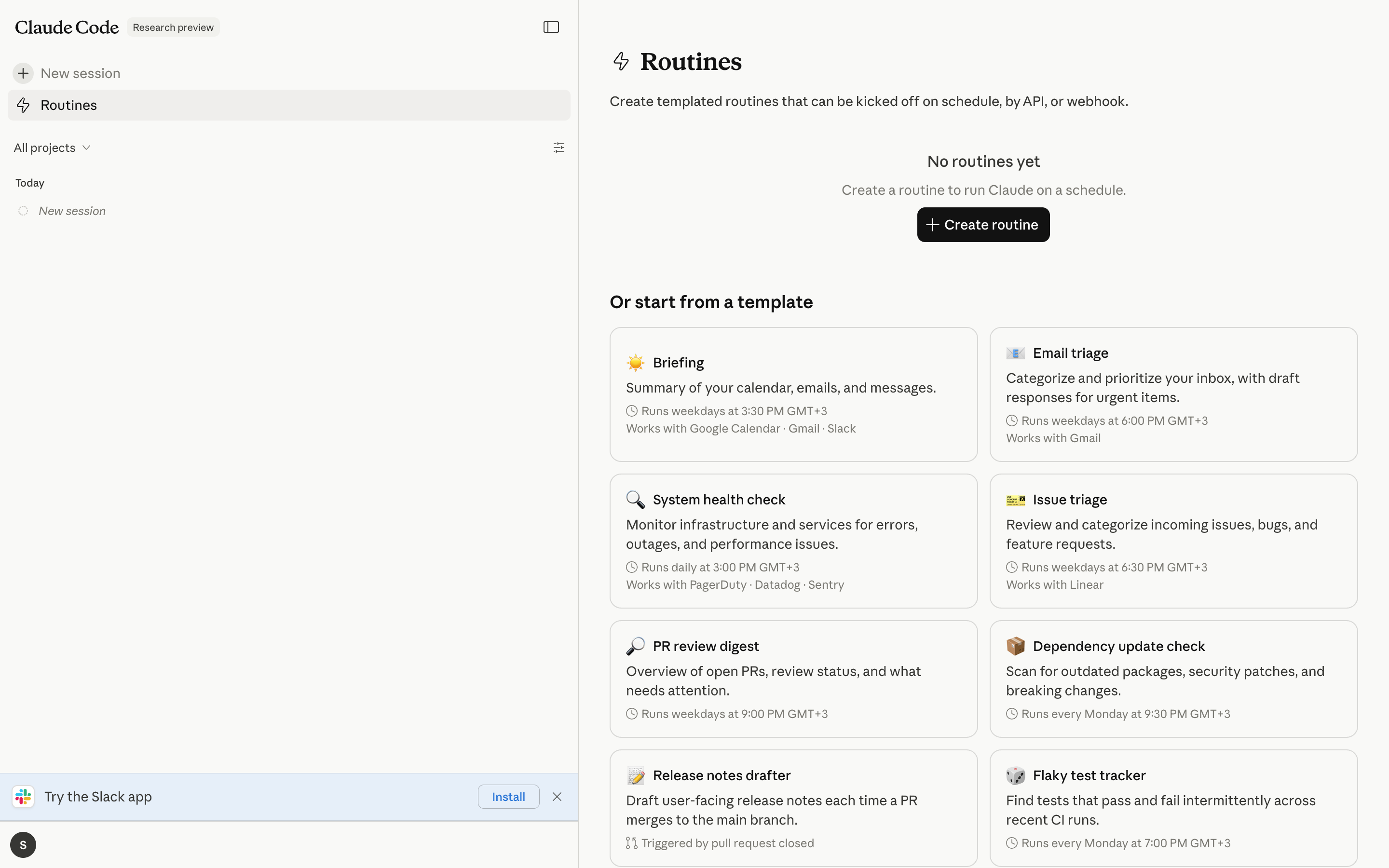 Claude Code — routine-template-gallery screenshot