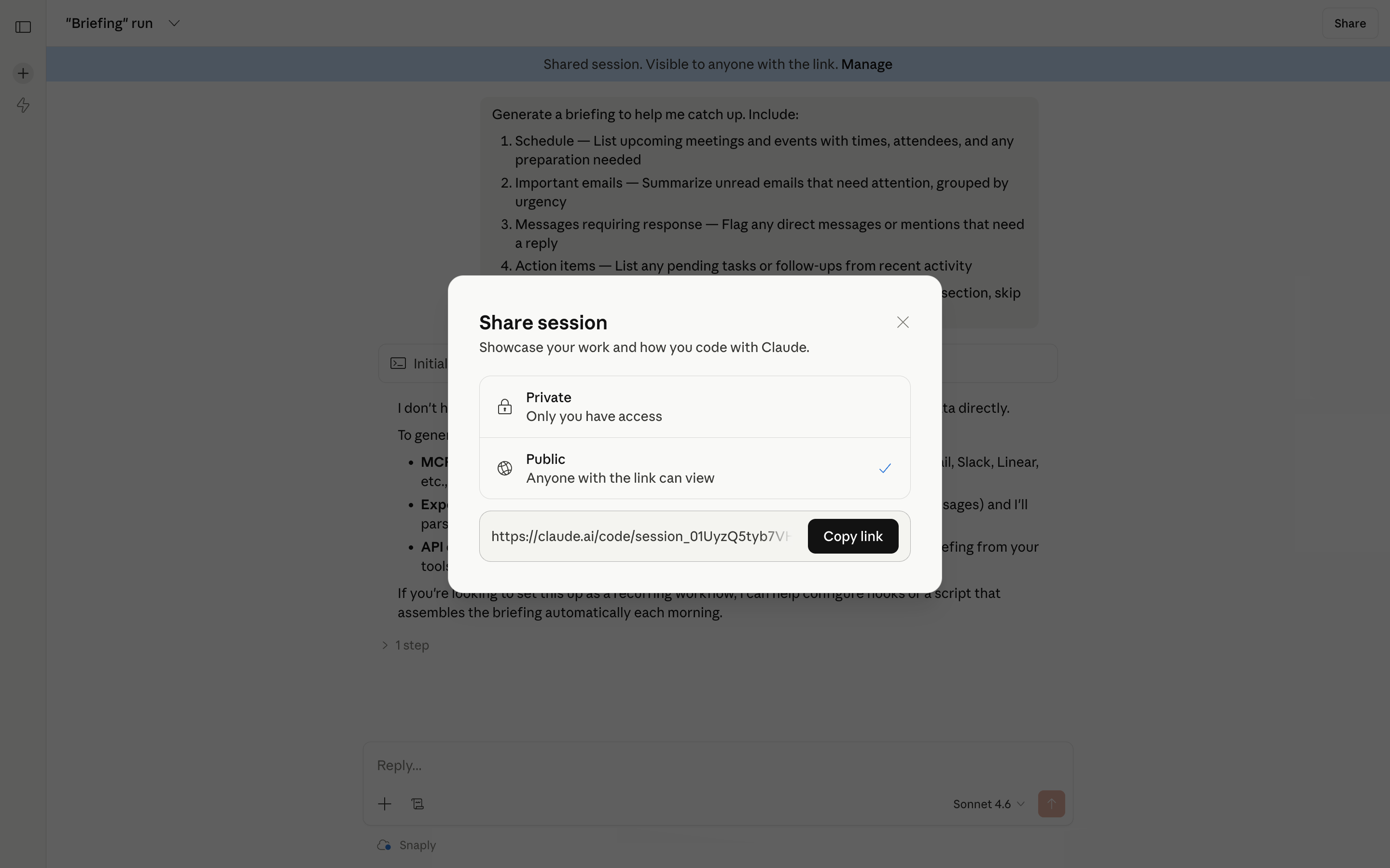 Claude Code — share-session-link screenshot