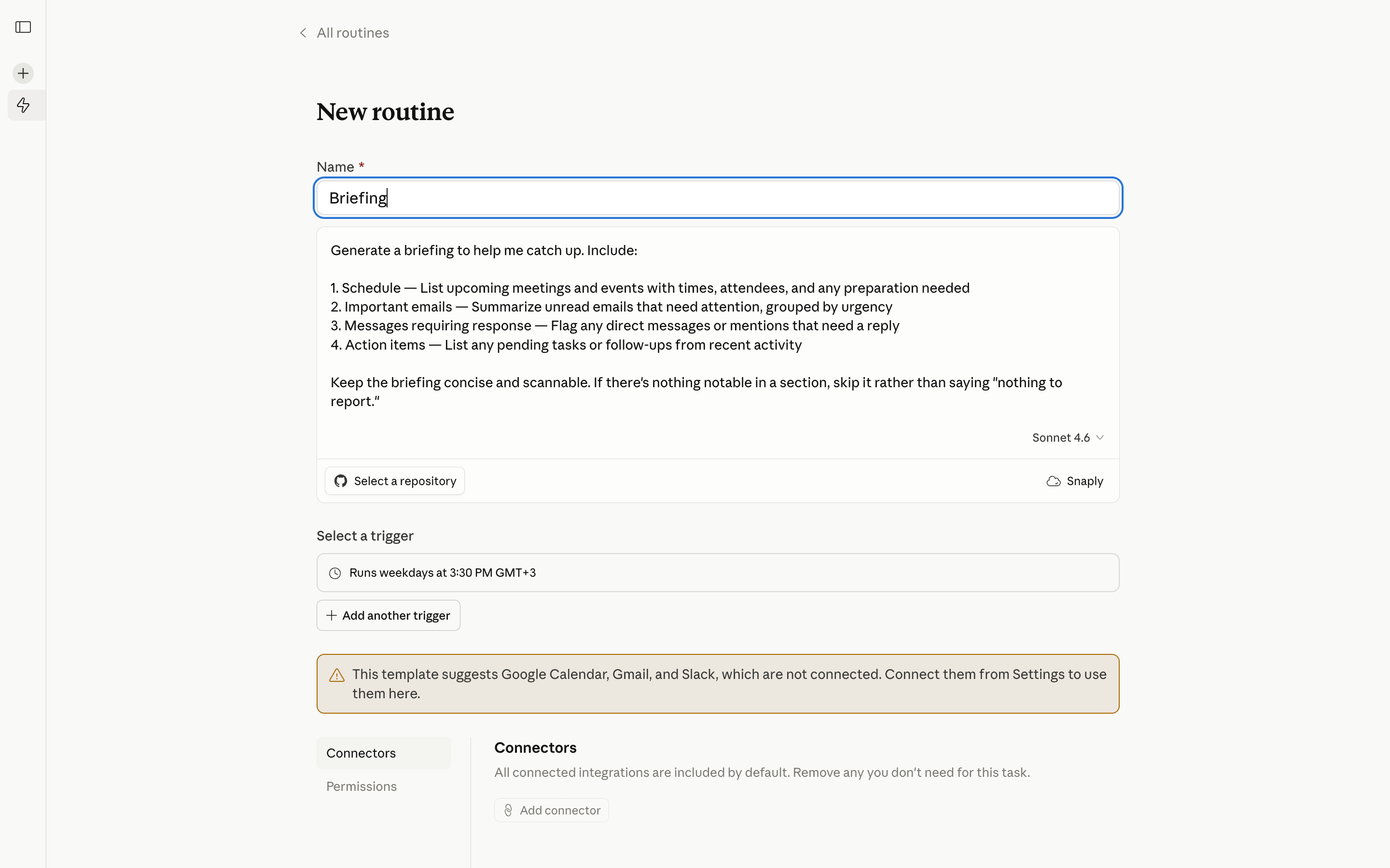 Claude Code — new-routine-filled screenshot