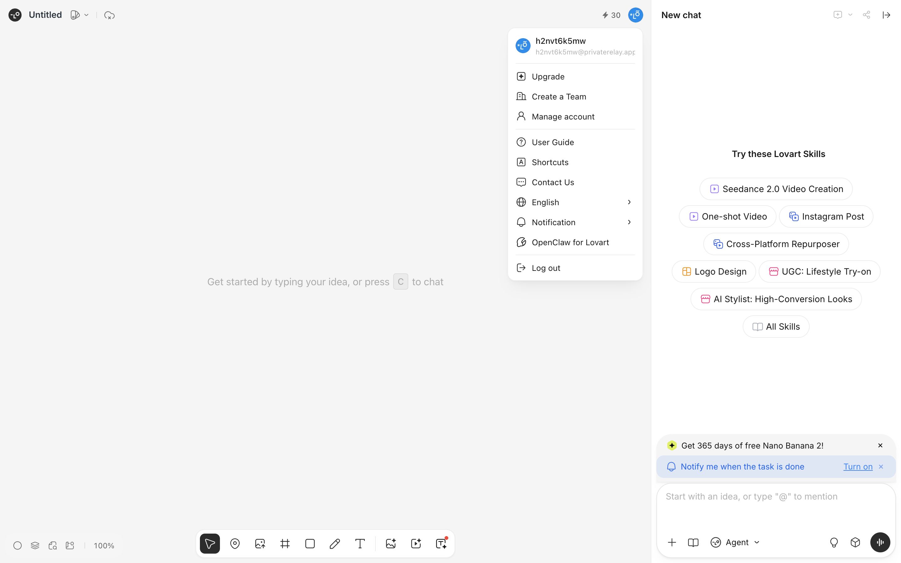 Lovart — account-menu screenshot