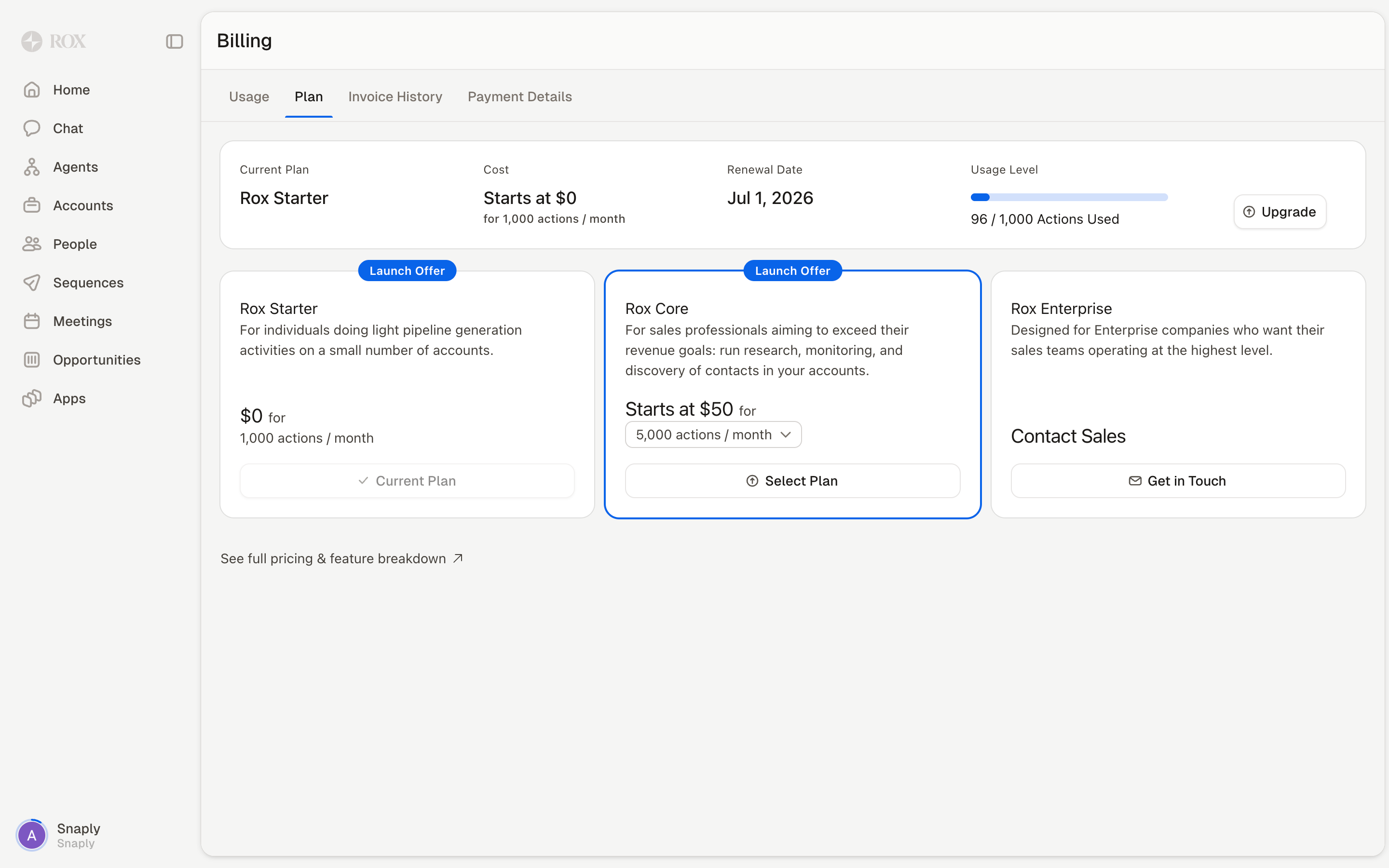 Rox — billing-plans screenshot