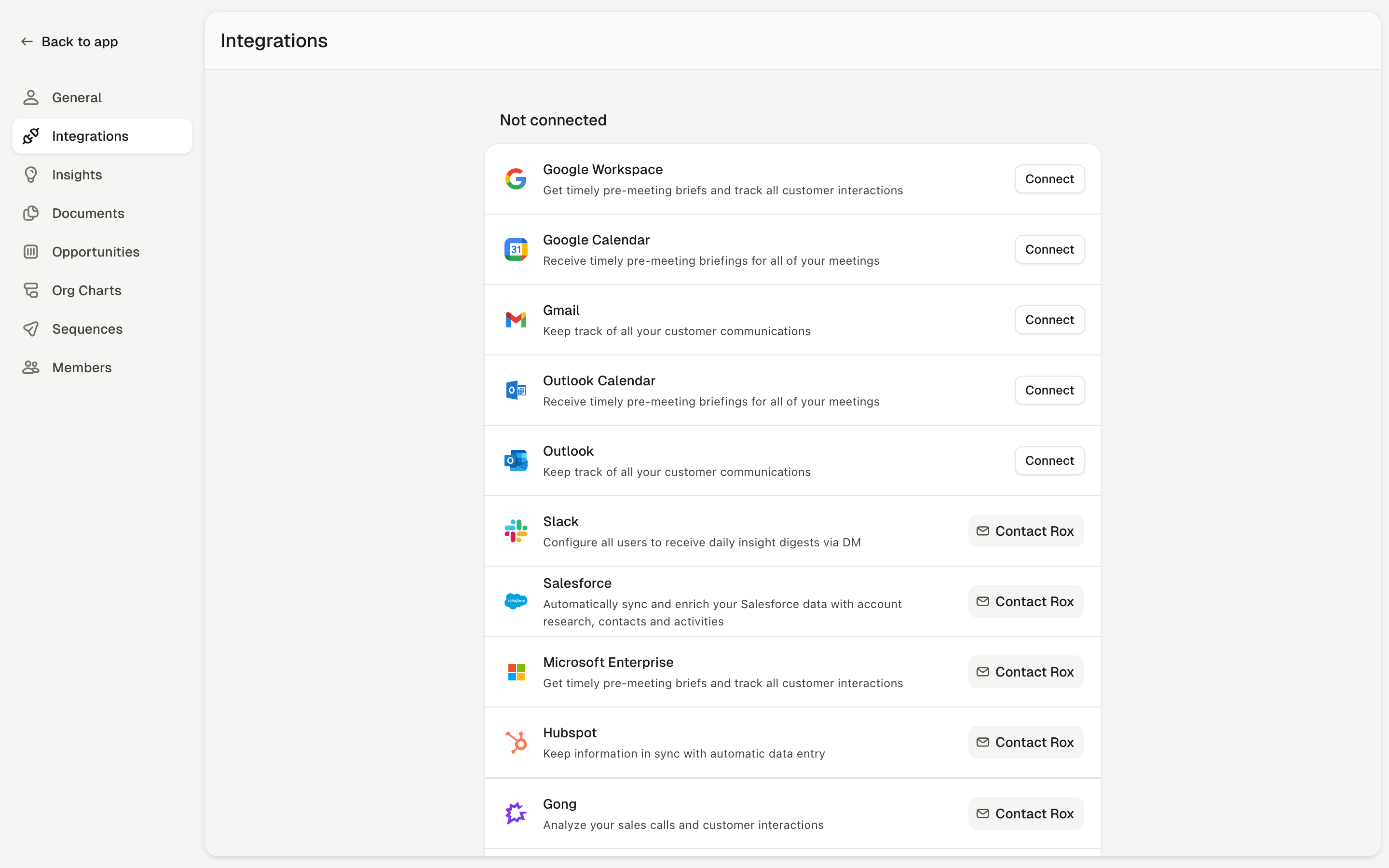 Rox — integrations-list screenshot