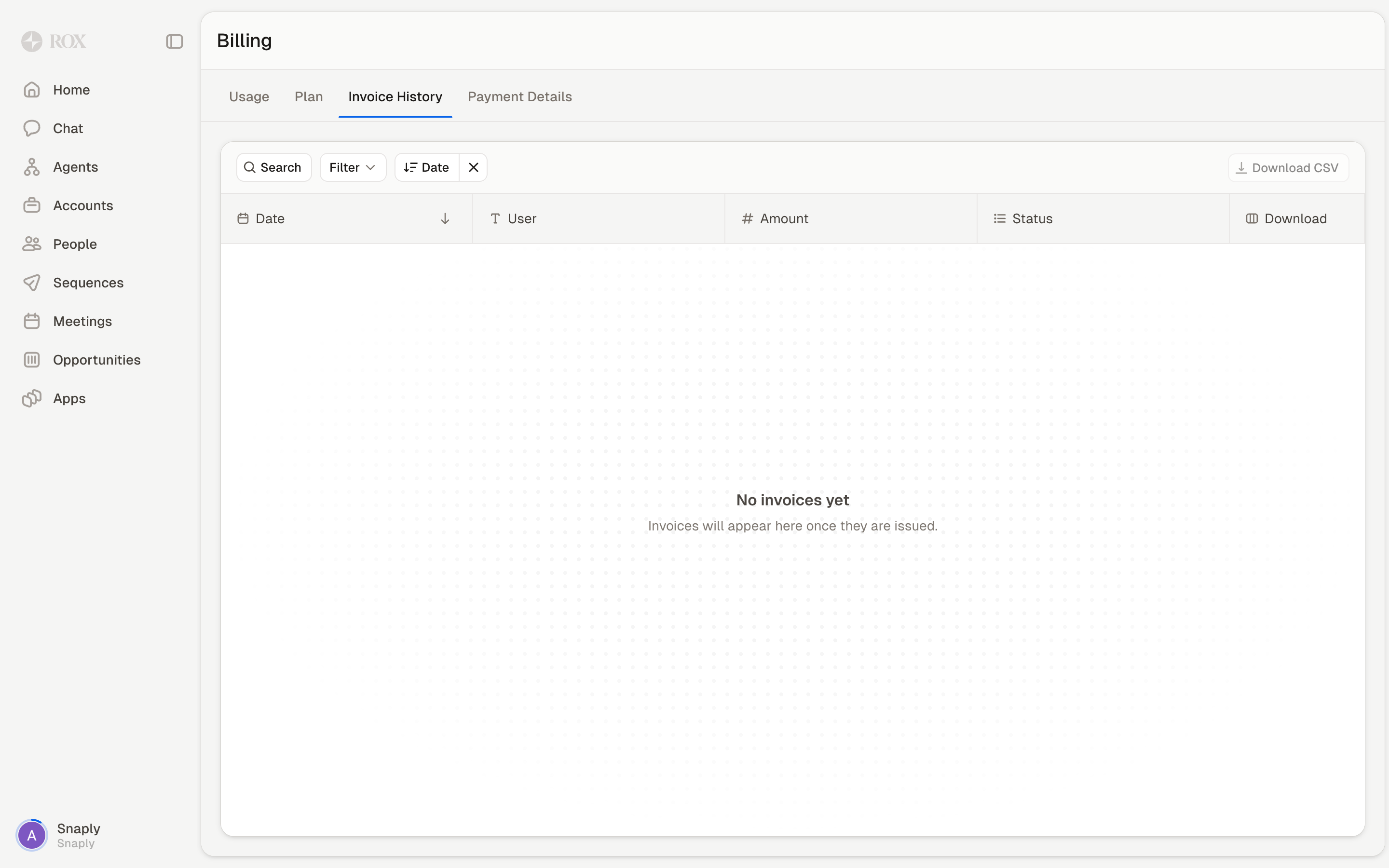 Rox — billing-history-empty screenshot
