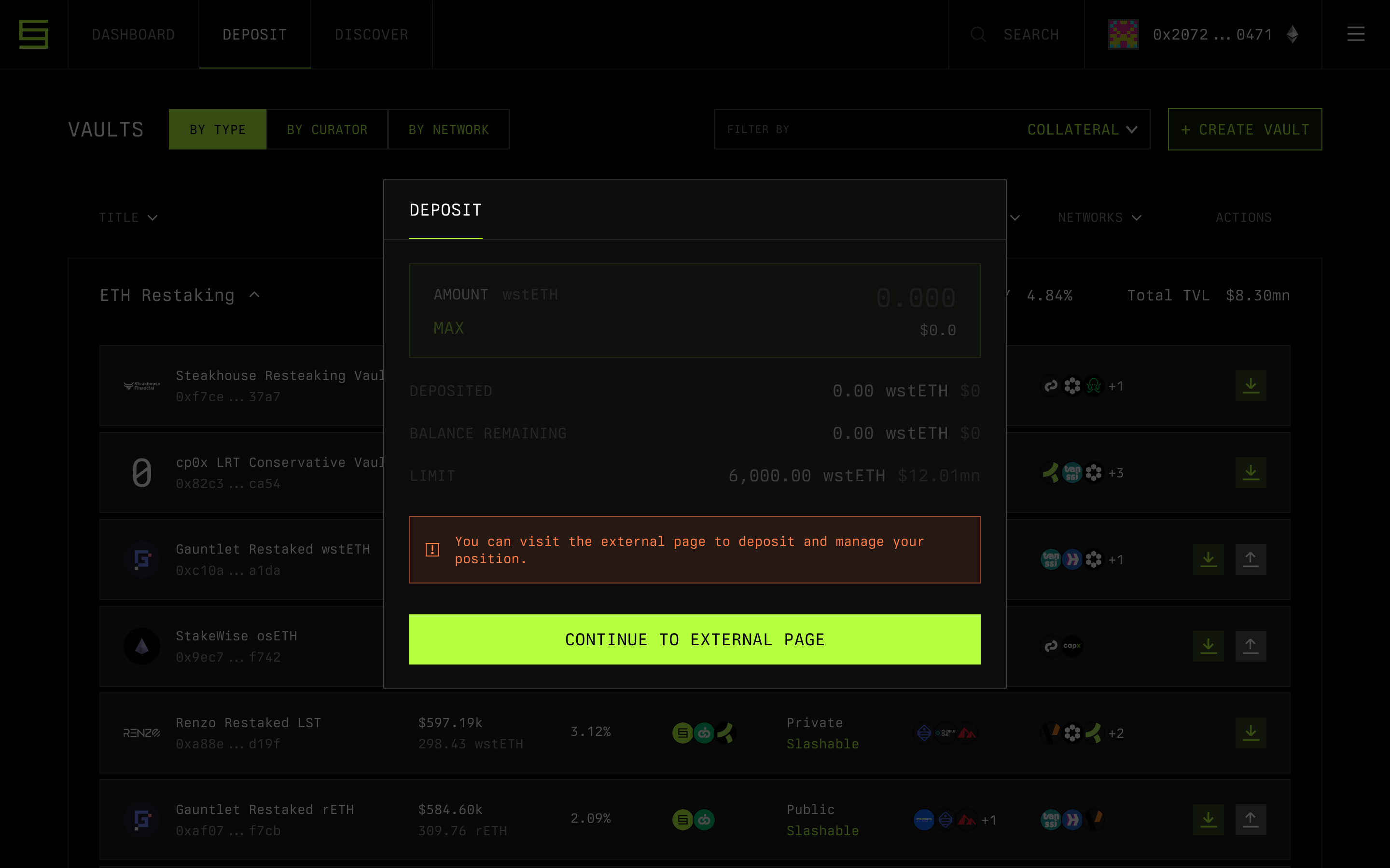 Symbiotic — deposit-dialog screenshot