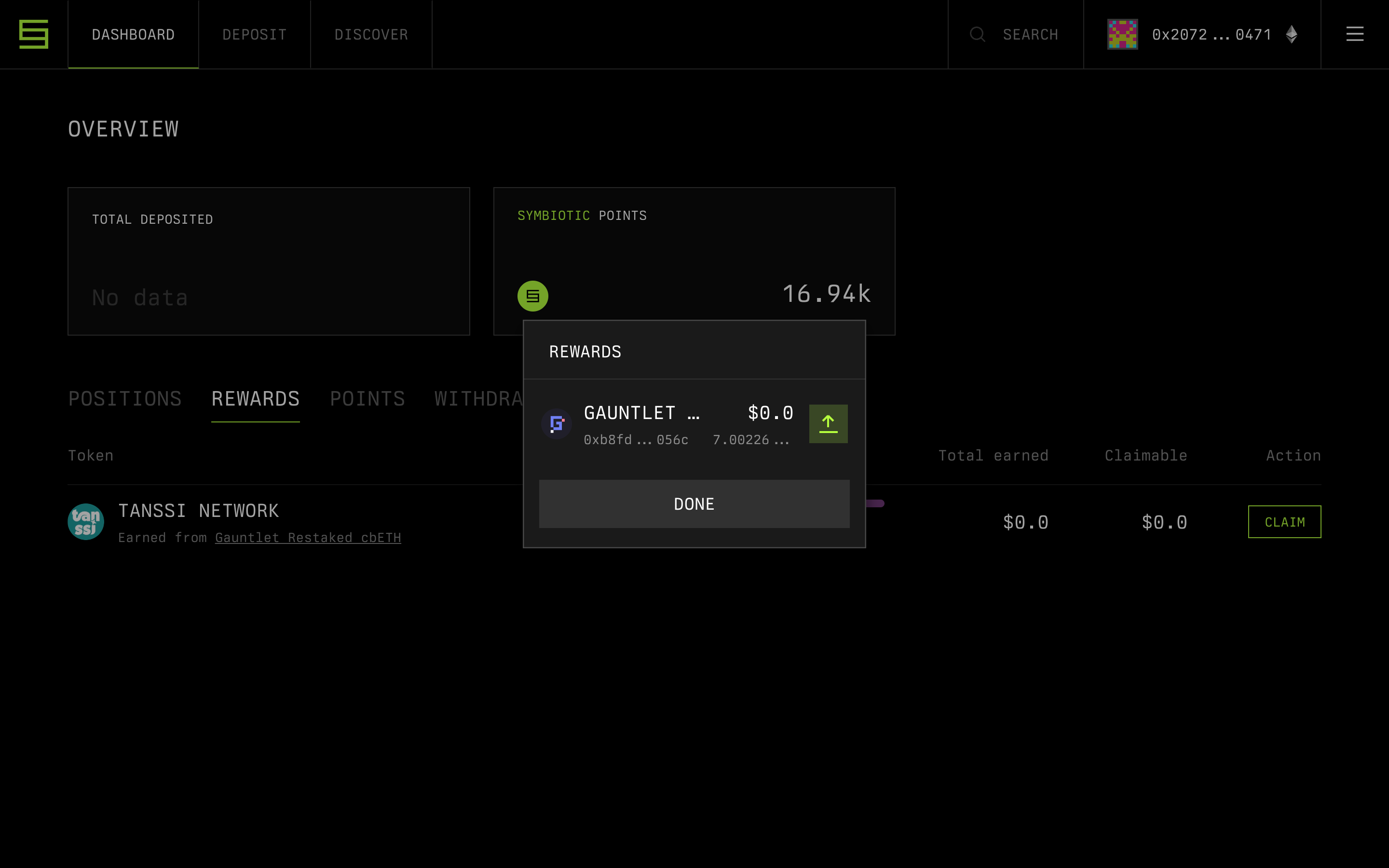 Symbiotic — rewards-popover screenshot
