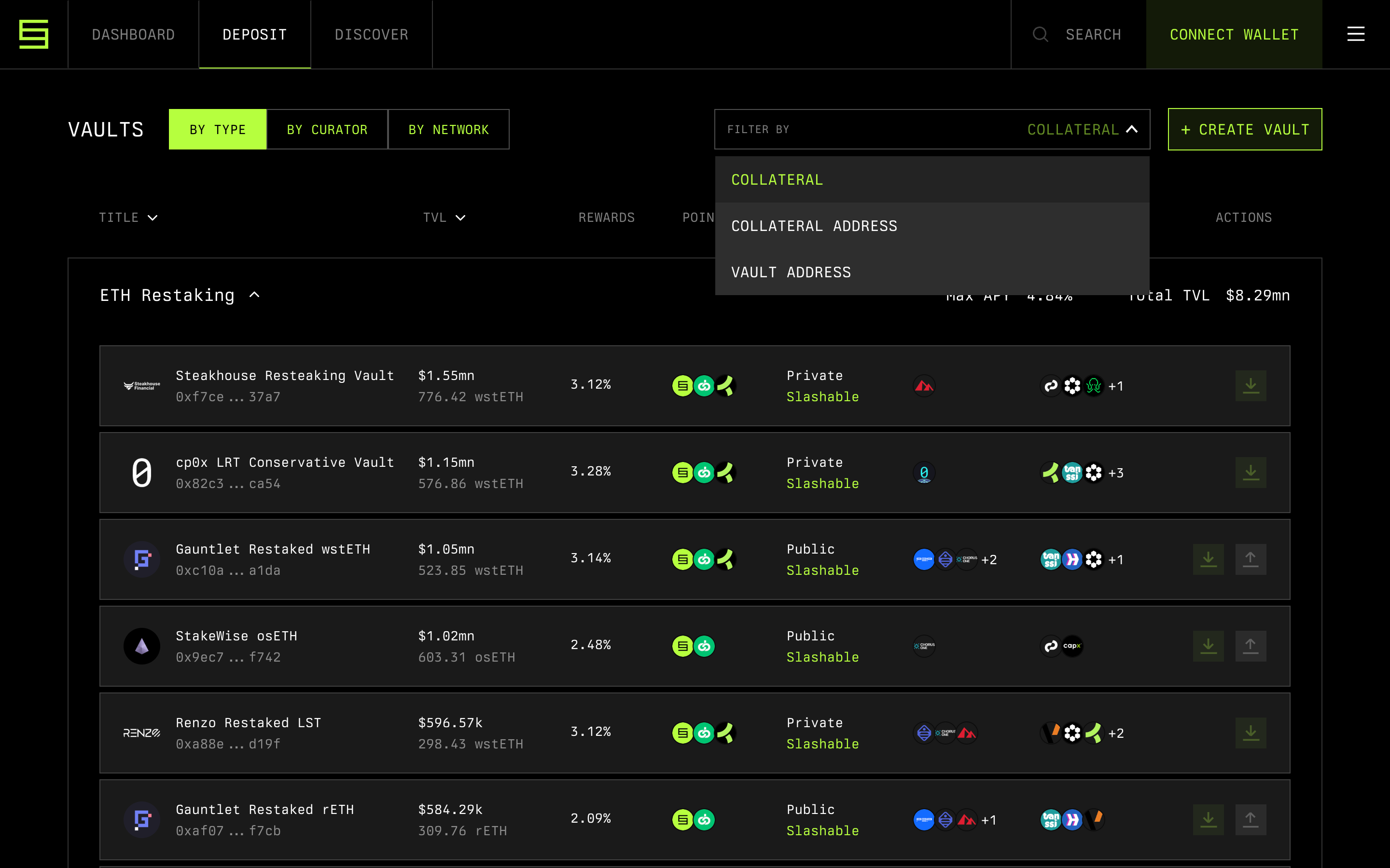 Symbiotic — filter-collateral-menu screenshot