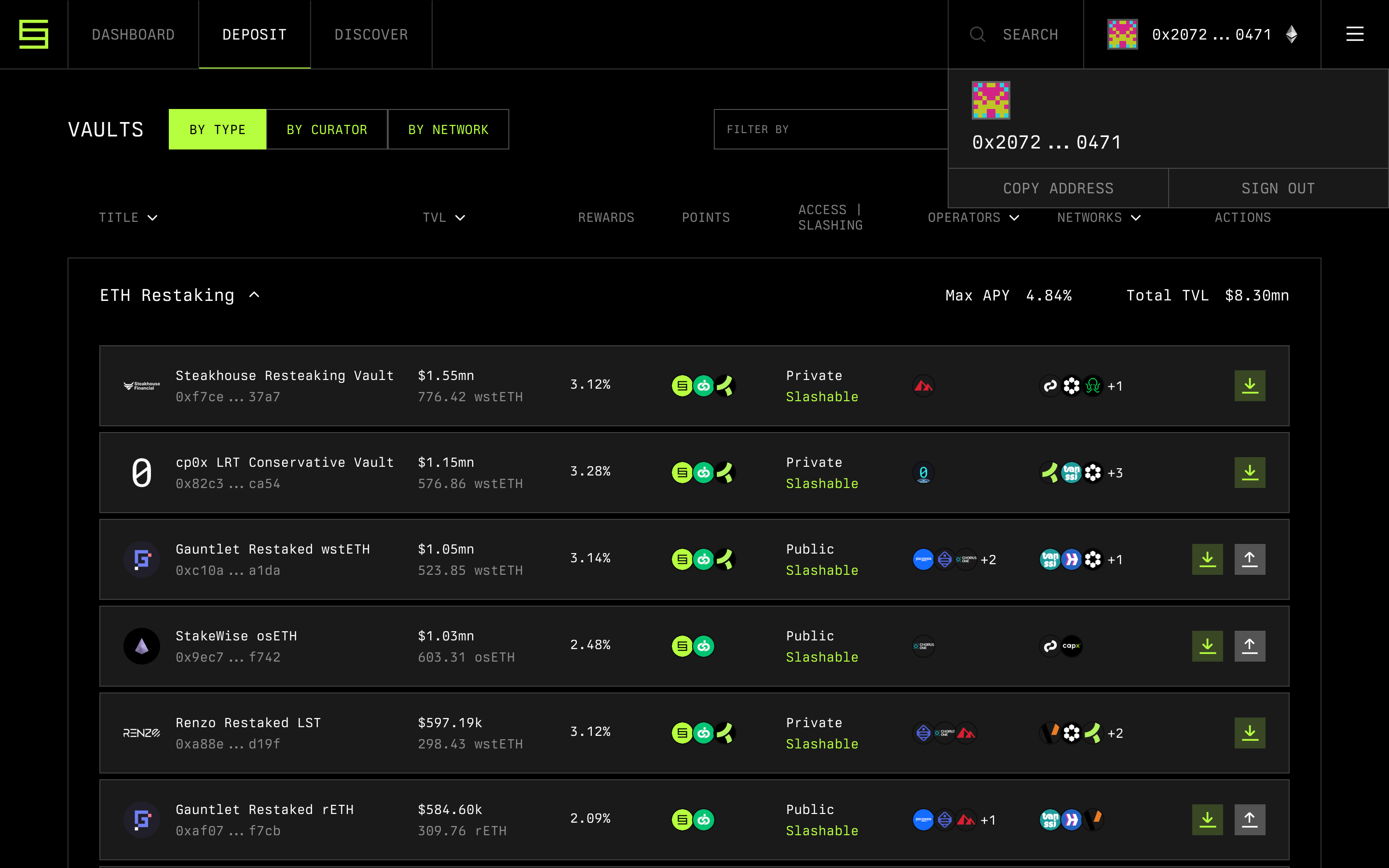Symbiotic — account-popover screenshot