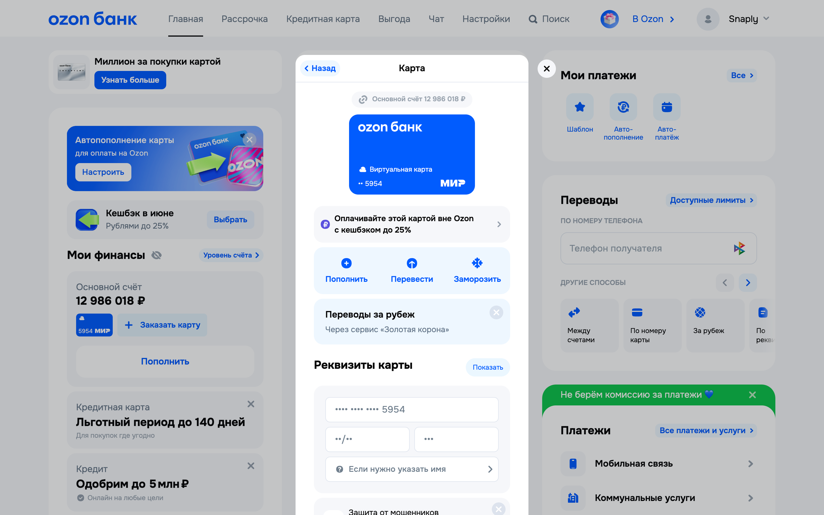 Ozon банк — money-transfer screenshot