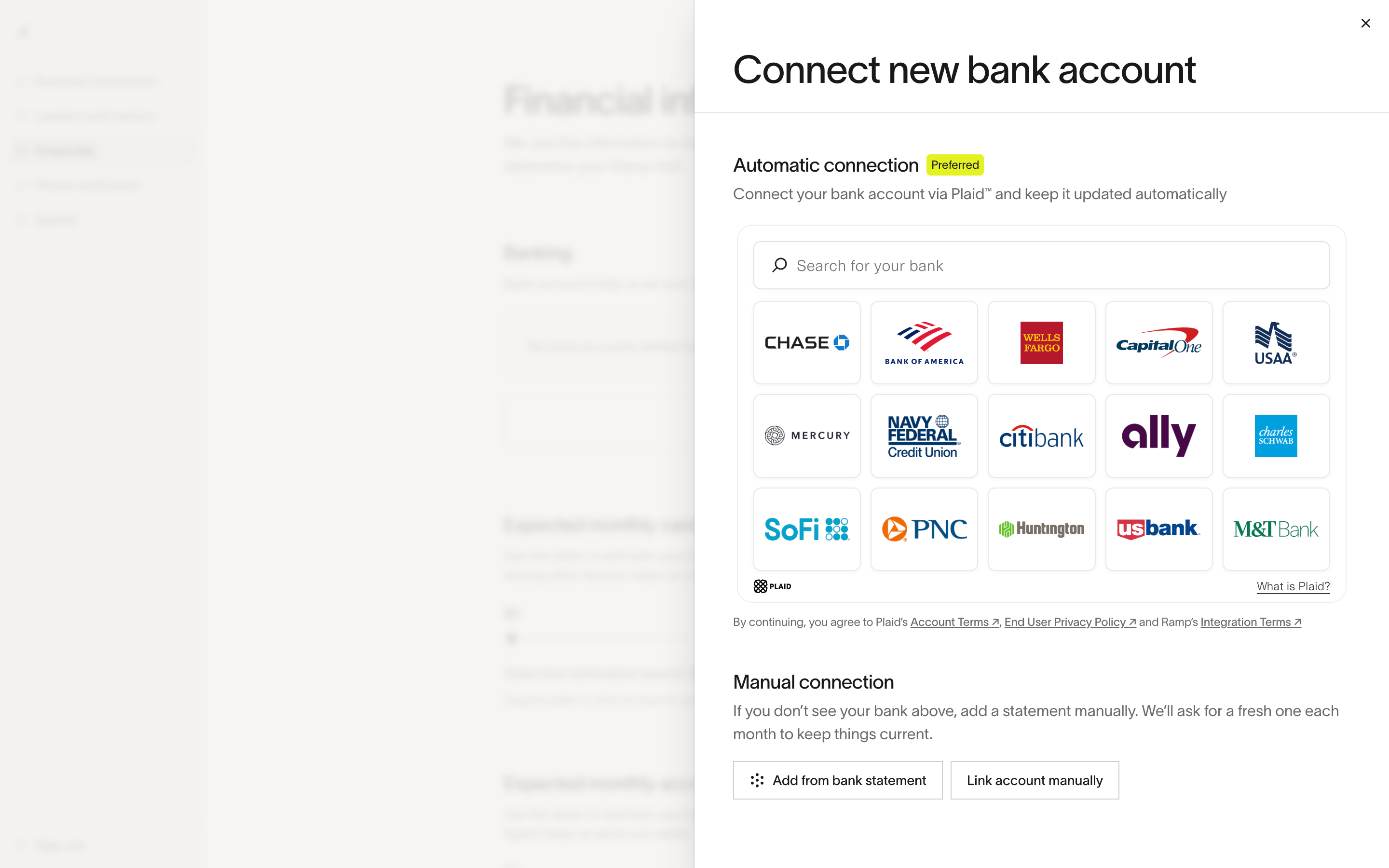 Ramp — connect-bank-drawer screenshot