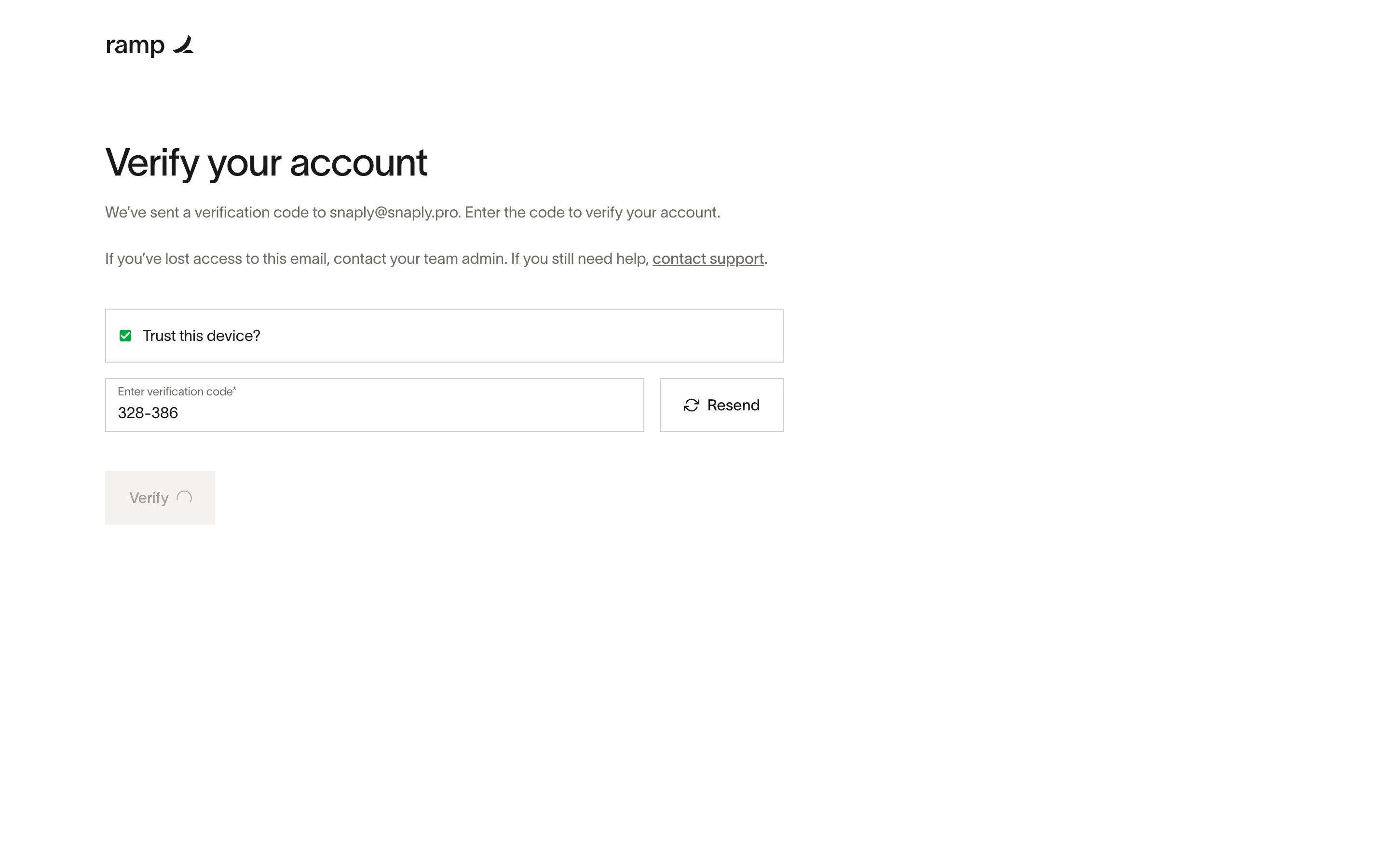 Ramp — verify-account-code screenshot