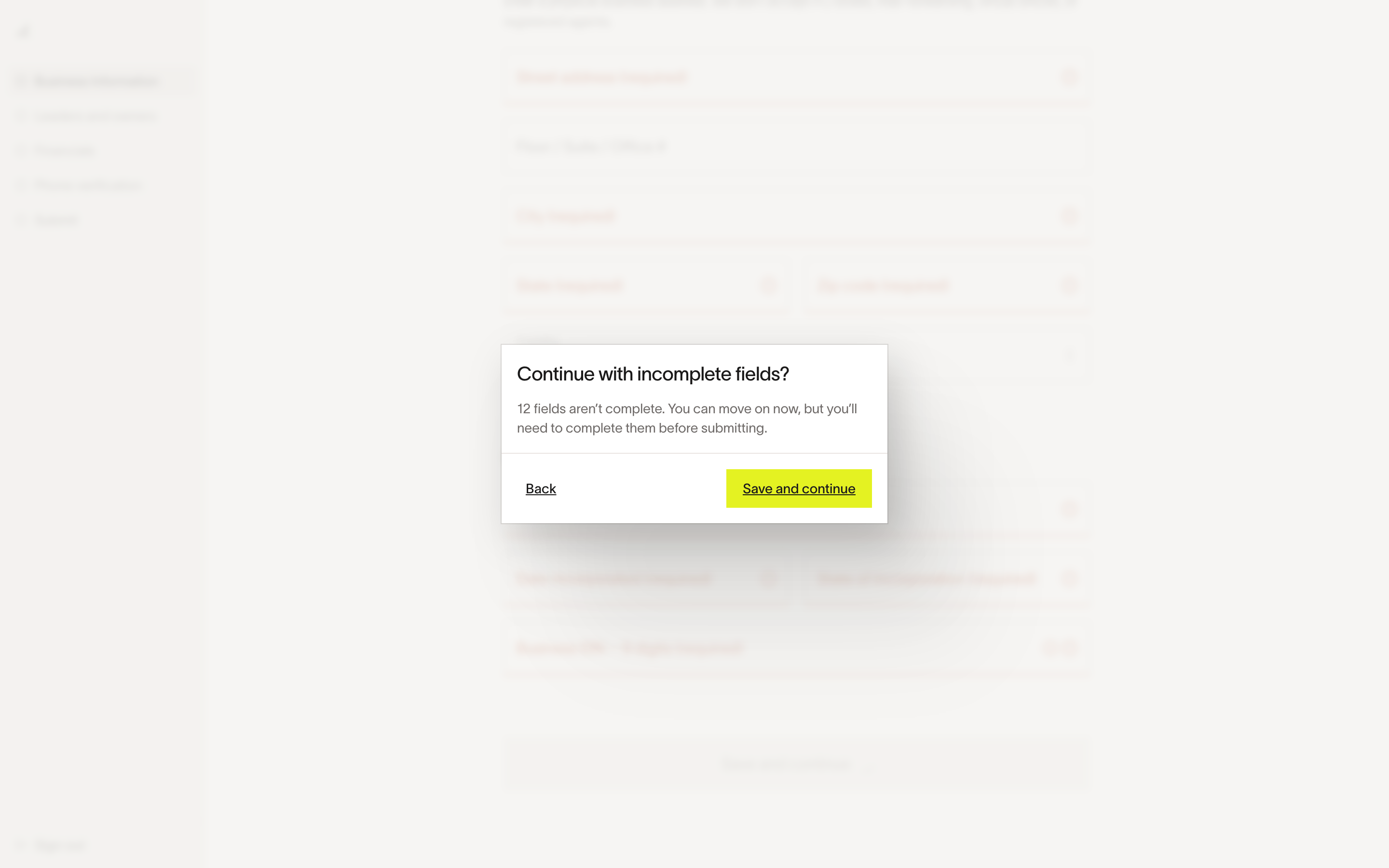 Ramp — incomplete-fields-dialog screenshot
