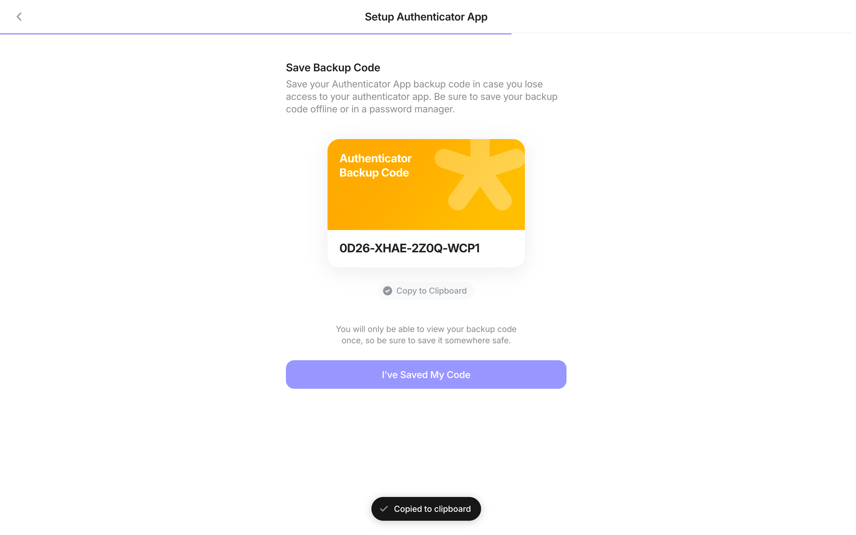 Family — backup-code-copied screenshot