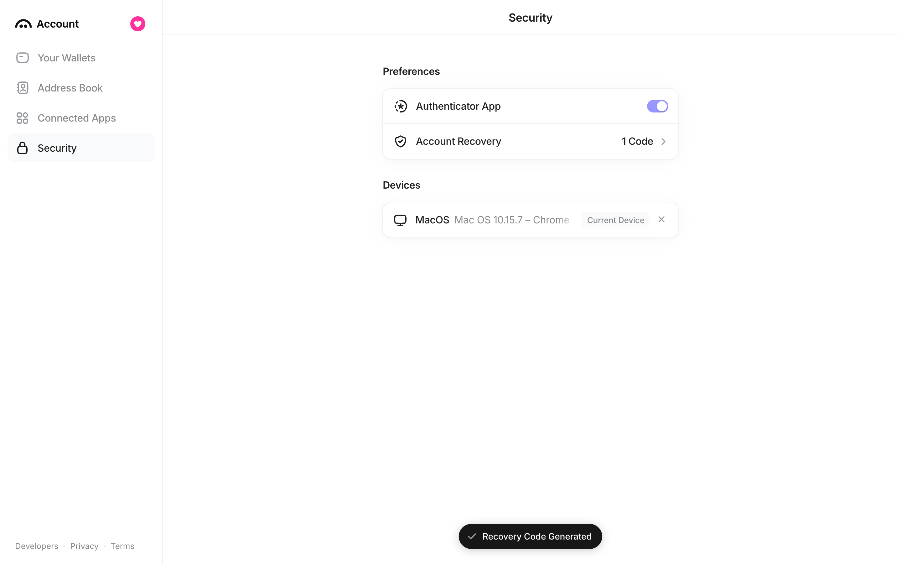 Family — recovery-code-generated screenshot