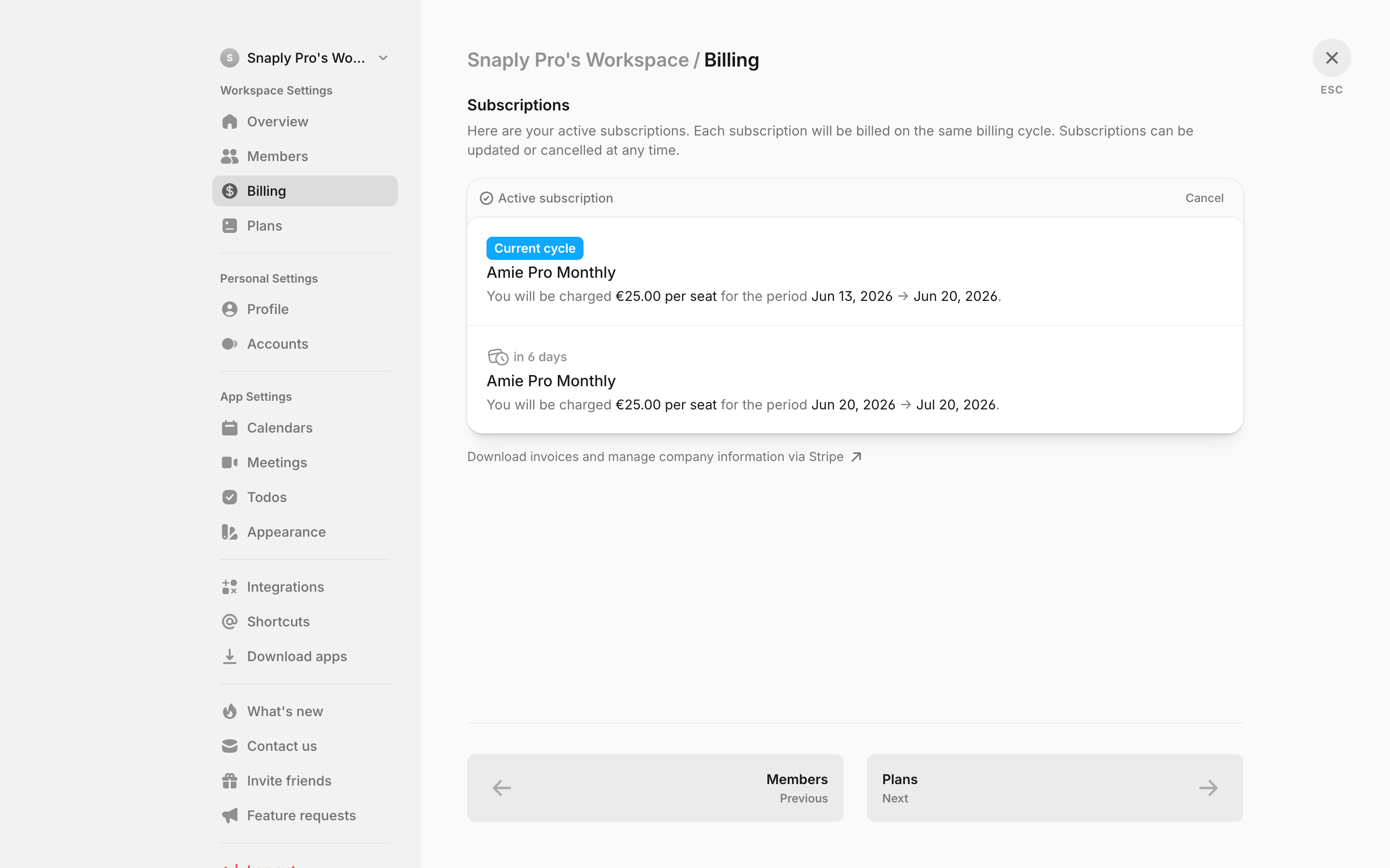 Amie — billing-history screenshot