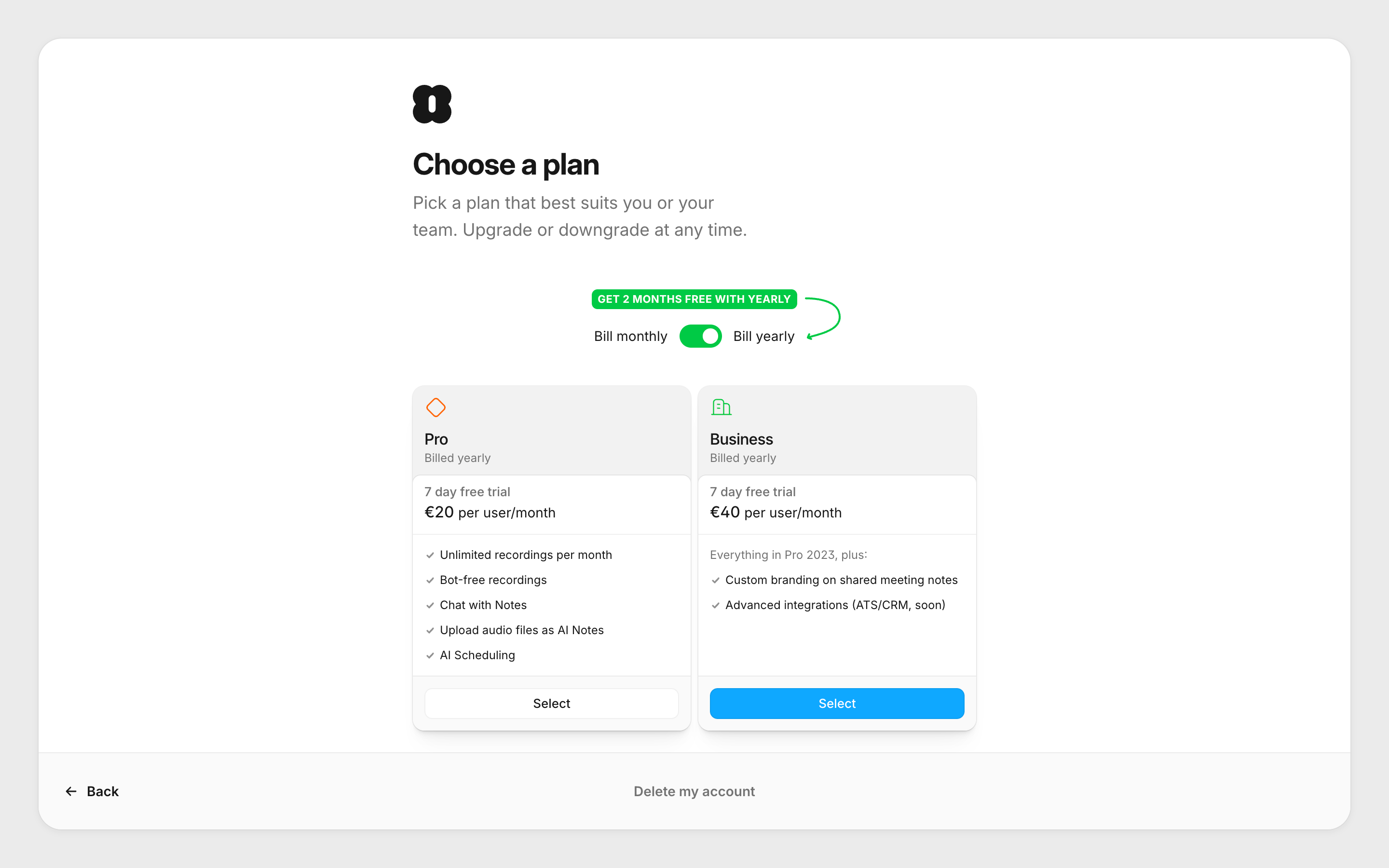 Amie — plan-selection screenshot