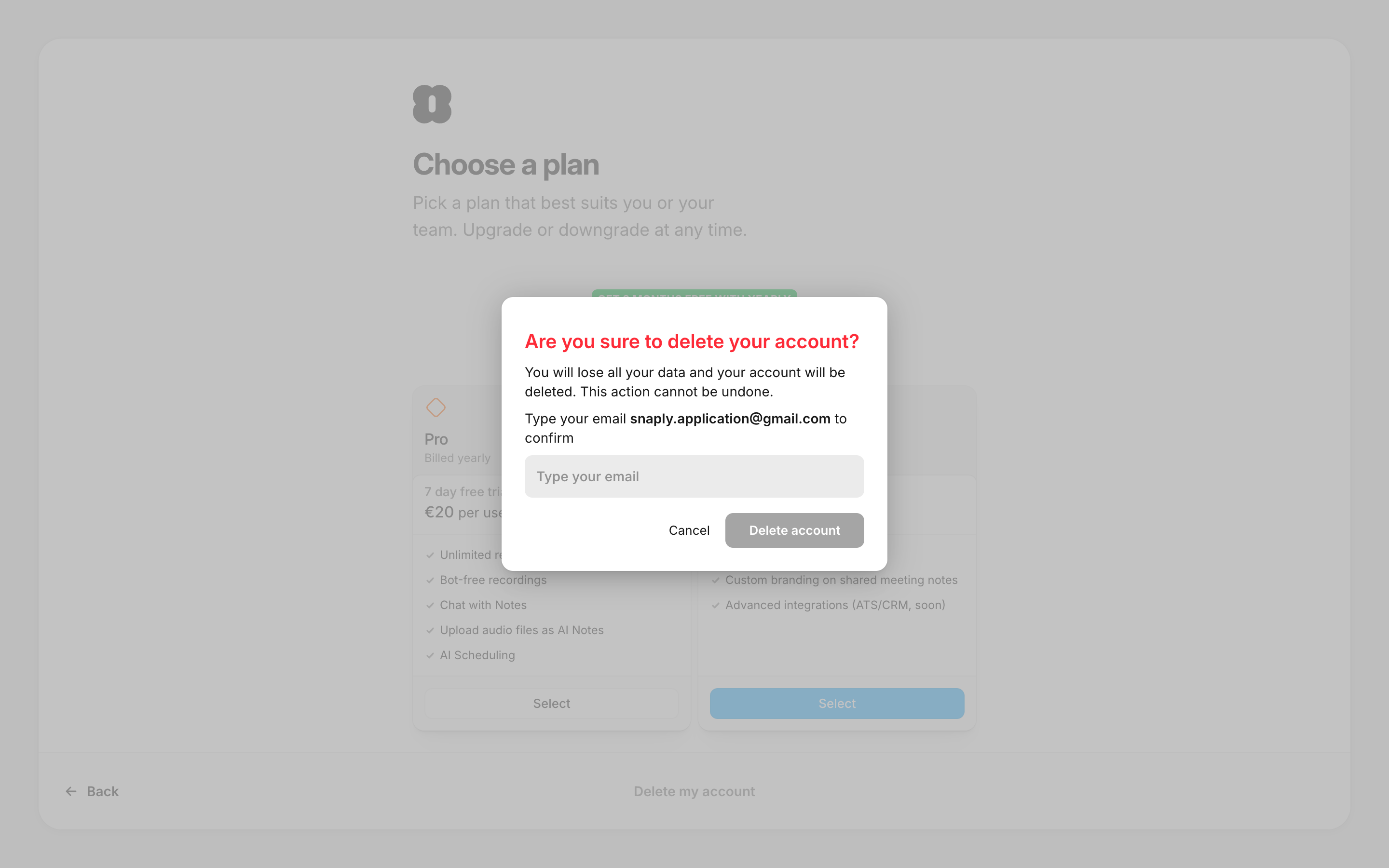 Amie — delete-account-dialog screenshot