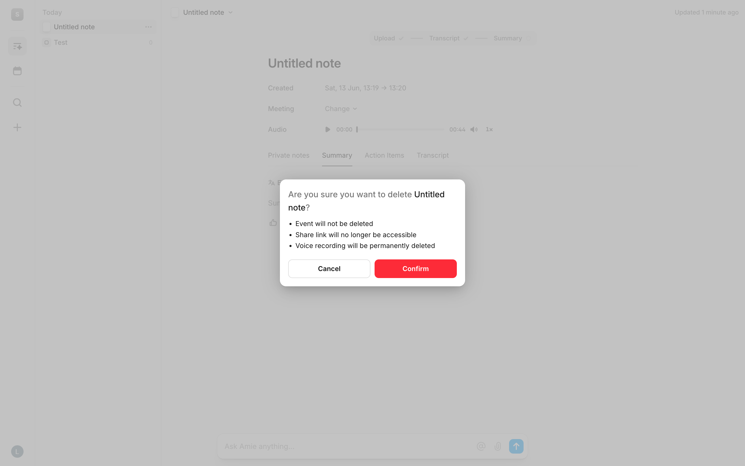 Amie — delete-note-dialog screenshot