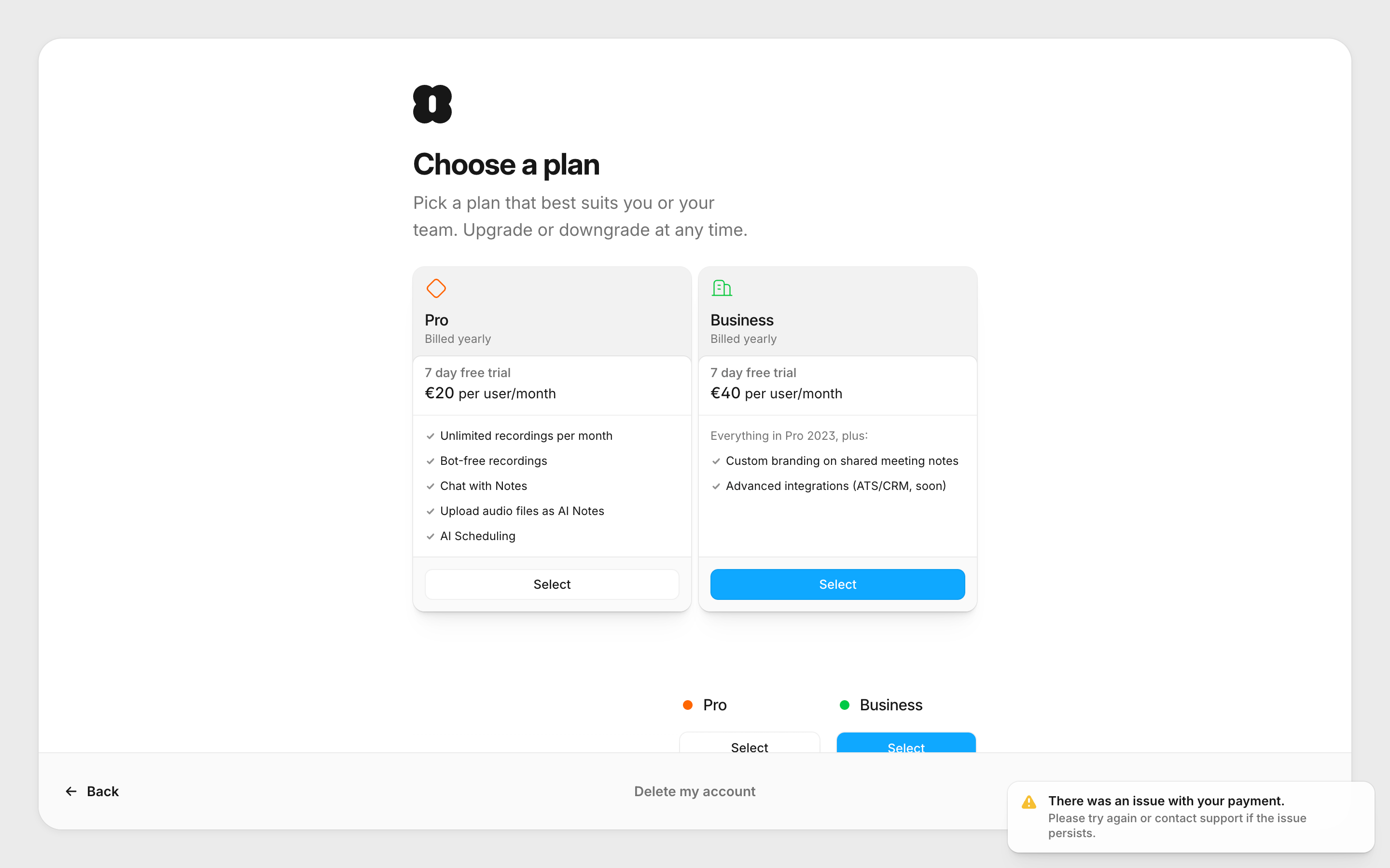 Amie — plan-checkout screenshot