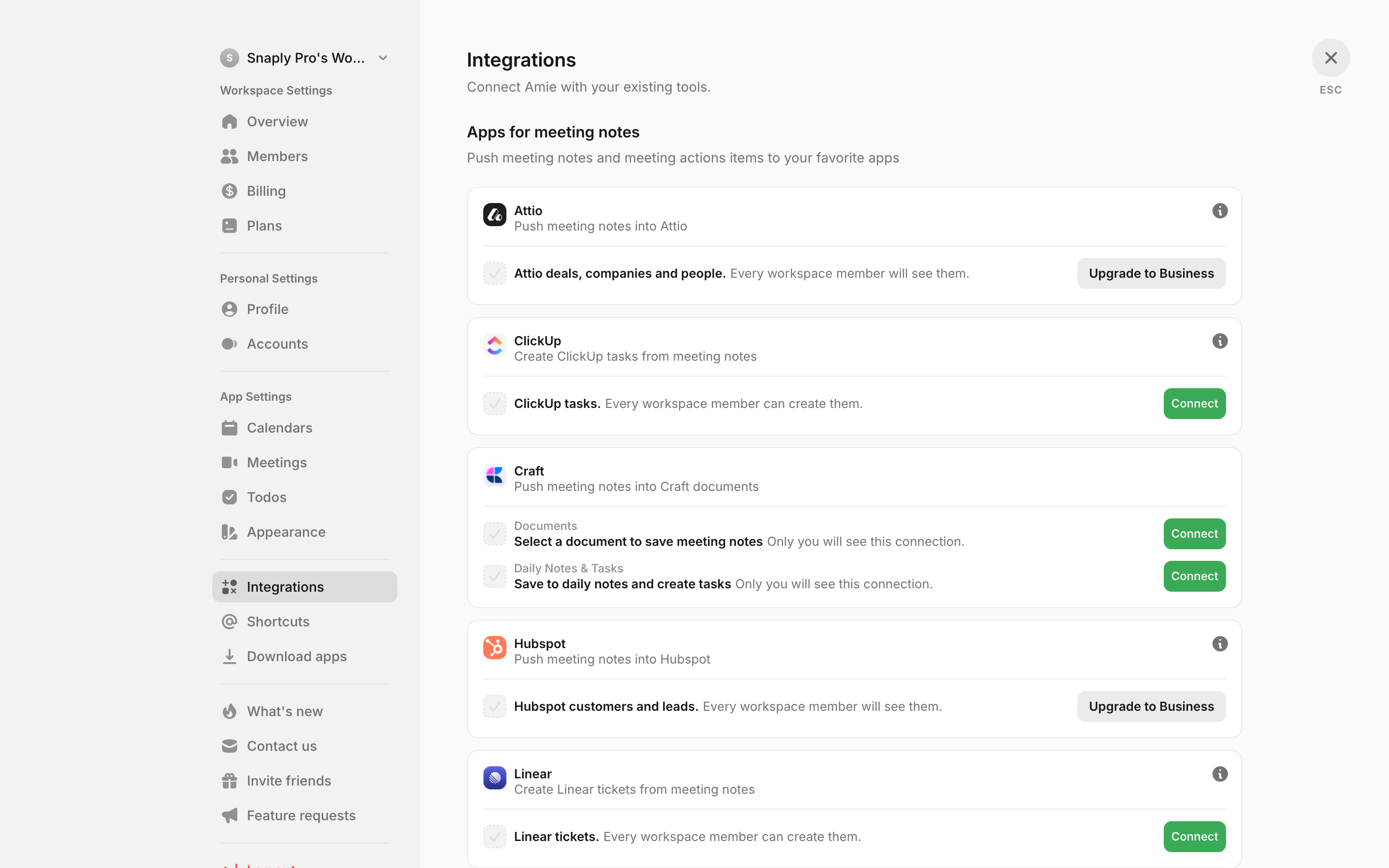 Amie — integrations-list screenshot